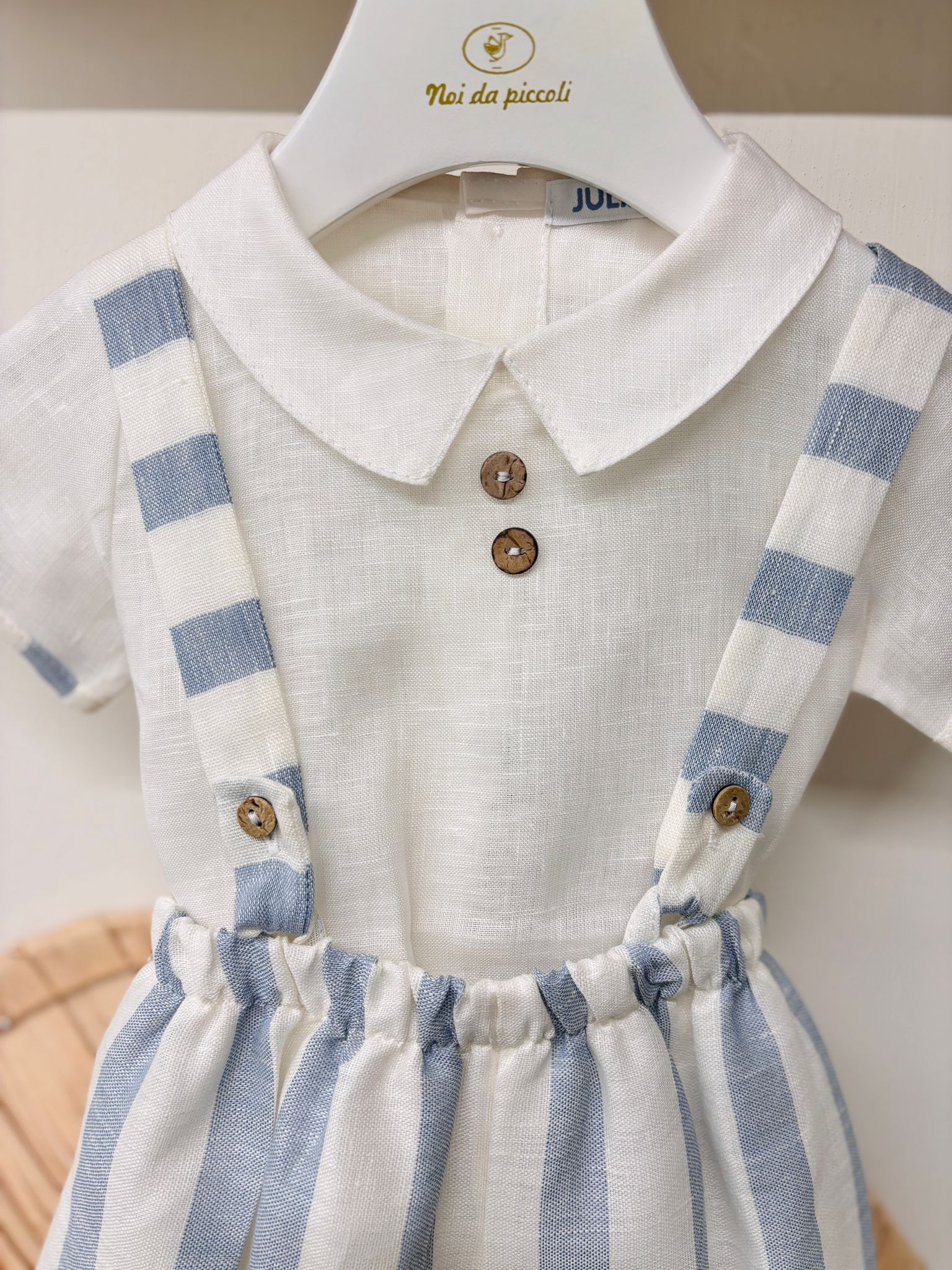 COMPLETO 2 PZ IN COTONE E LINO A RIGHE BIANCO CIELO - Noi da piccoli