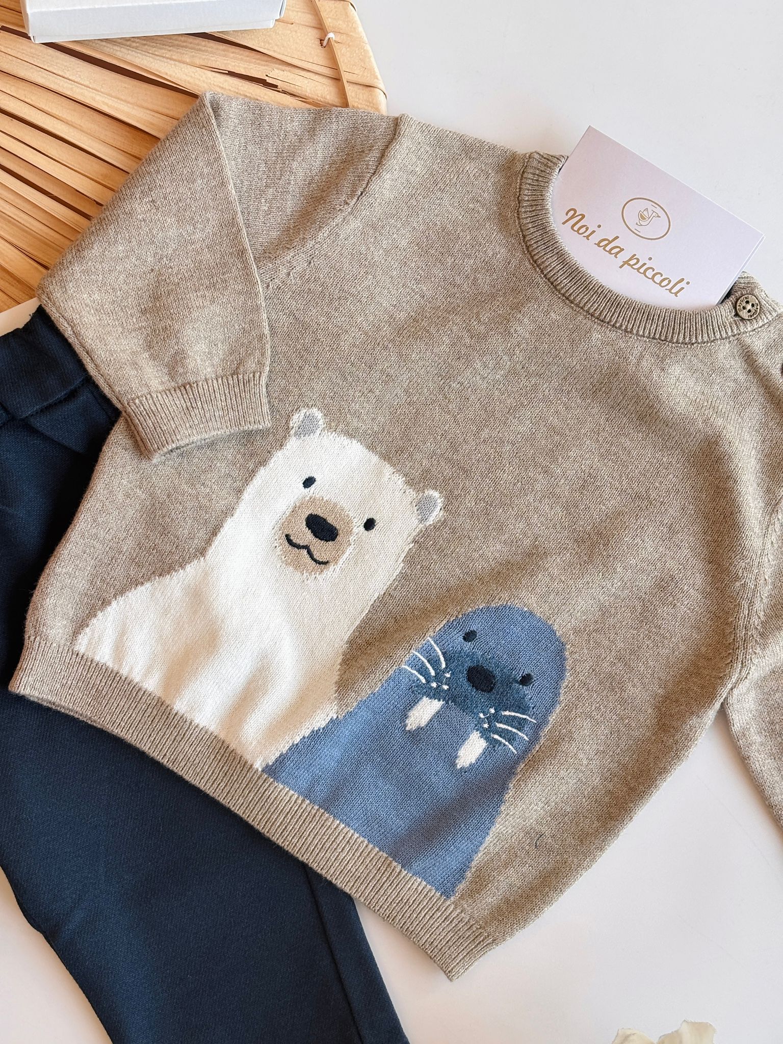 COMPLETO 2 PZ IN FILATO CALDO CON DISEGNINI BEIGE BLU - Noi da piccoli