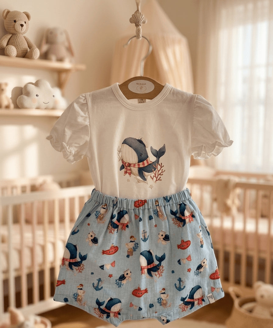 COMPLETO 2PZ BALENA GIRL COTONE E MUSSOLA CIELO - Noi da piccoli