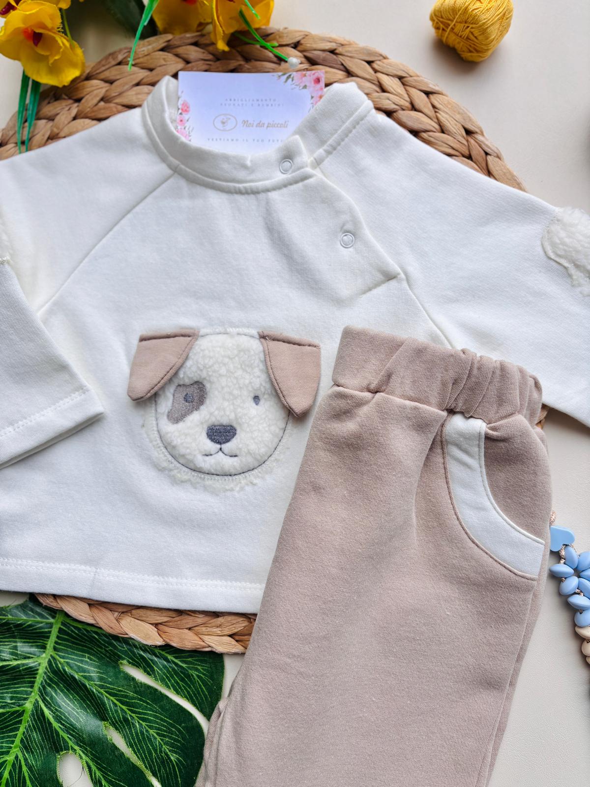 COMPLETO 2PZ CAGNOLINO IN FELPA BEIGE E PANNA - Noi da piccoli