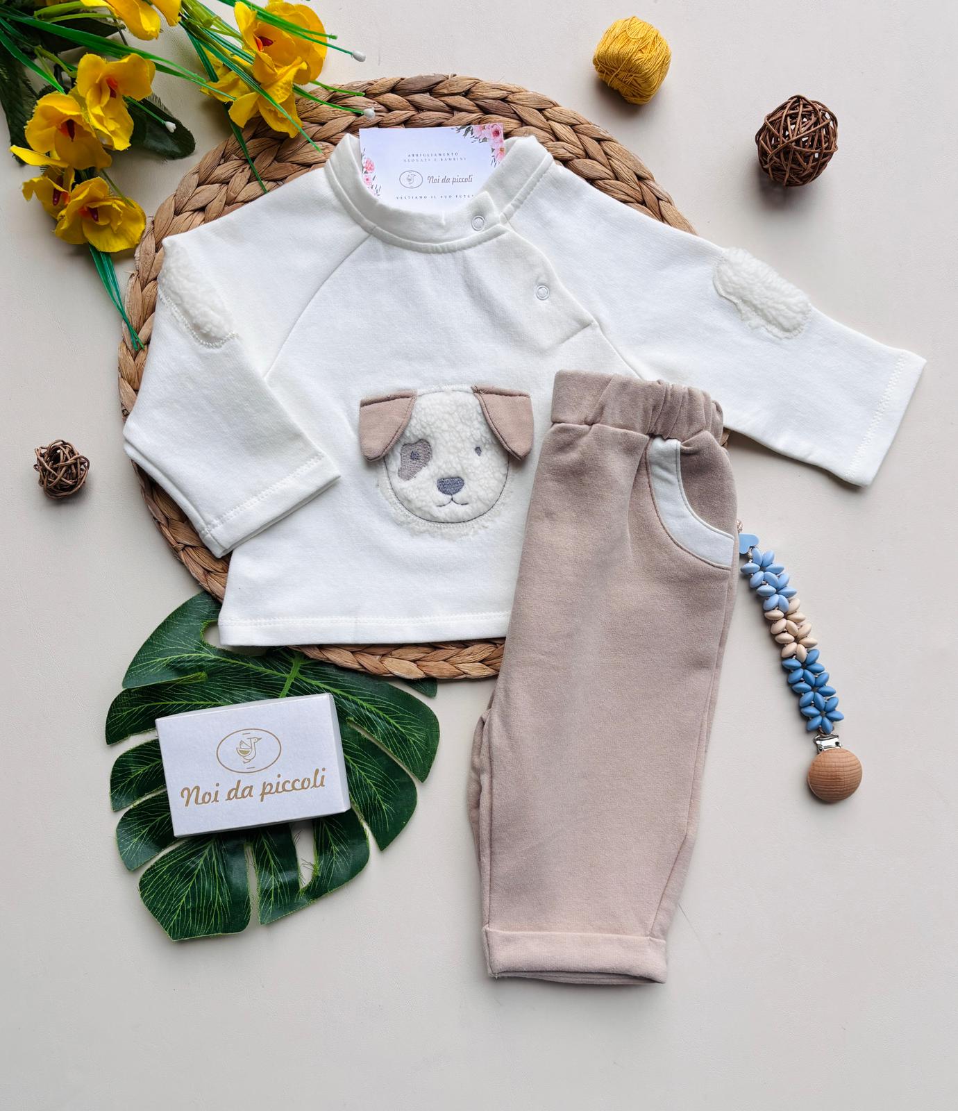 COMPLETO 2PZ CAGNOLINO IN FELPA BEIGE E PANNA - Noi da piccoli