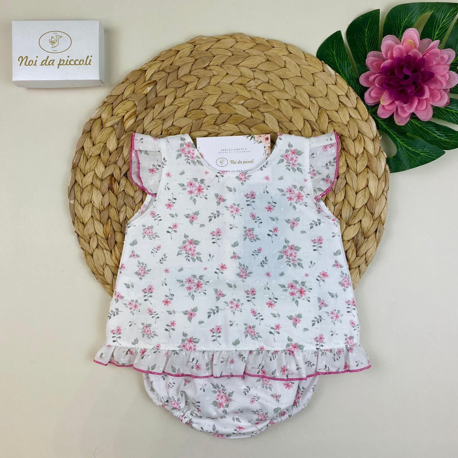 COMPLETO 2PZ COTONE FIORELLINI VERDE E ROSA - Noi da piccoli