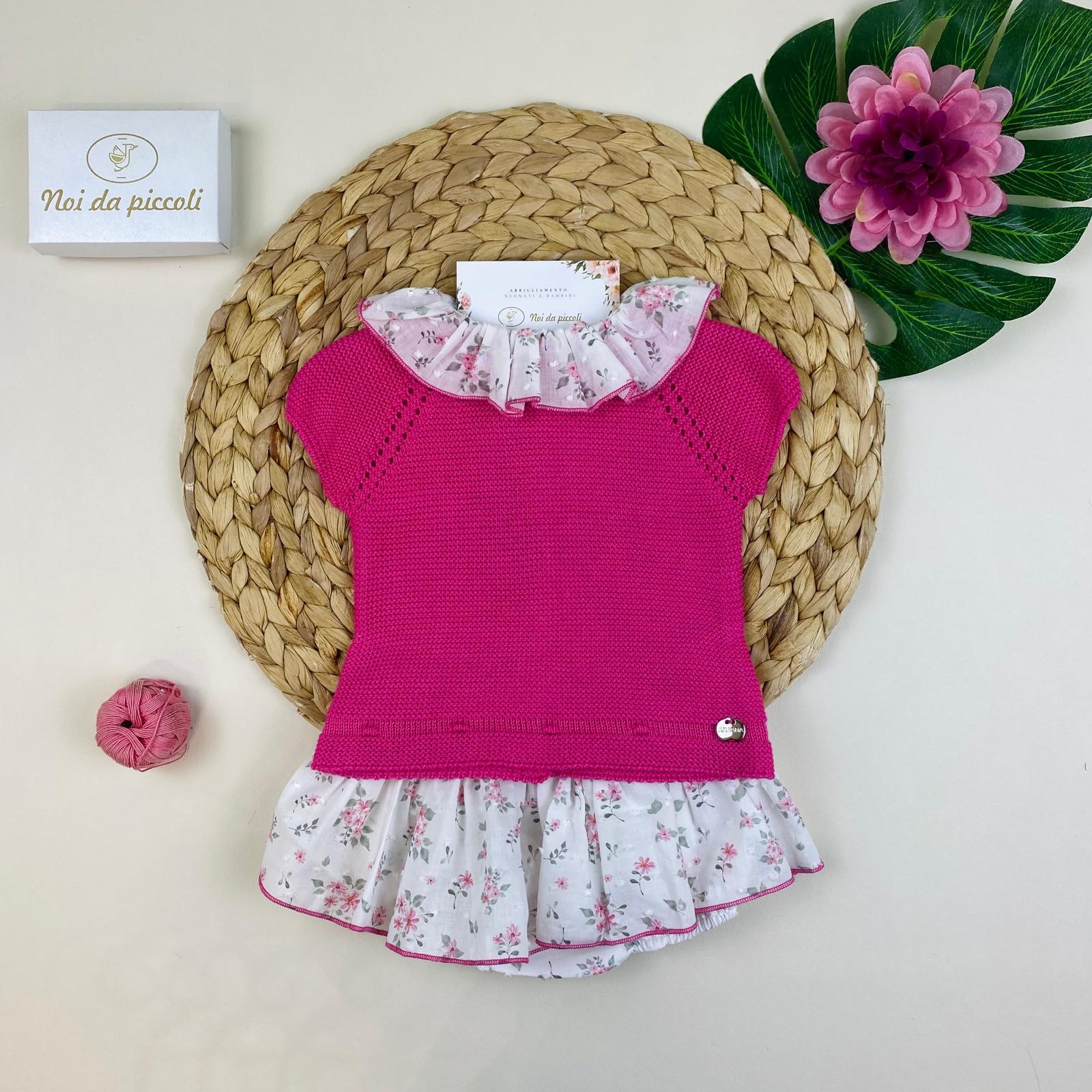 COMPLETO 2PZ FUCSIA E FIORELLINI FILATO FRESCO - Noi da piccoli