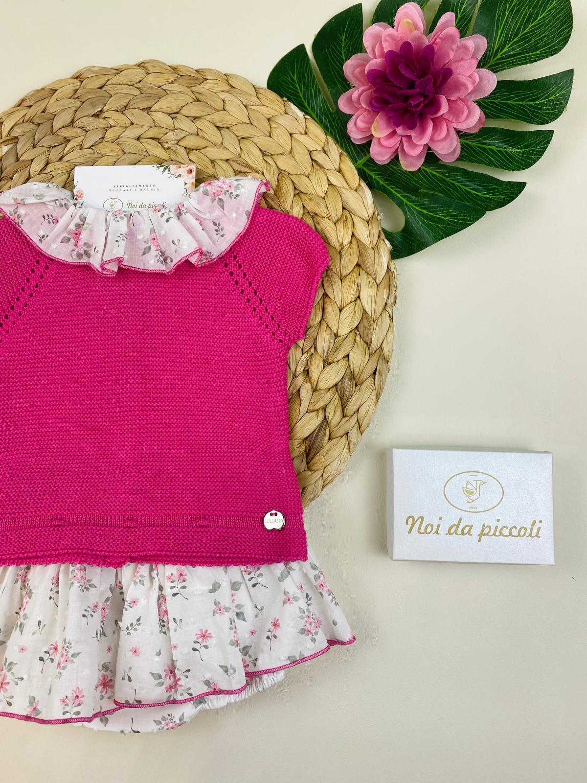 COMPLETO 2PZ FUCSIA E FIORELLINI FILATO FRESCO - Noi da piccoli