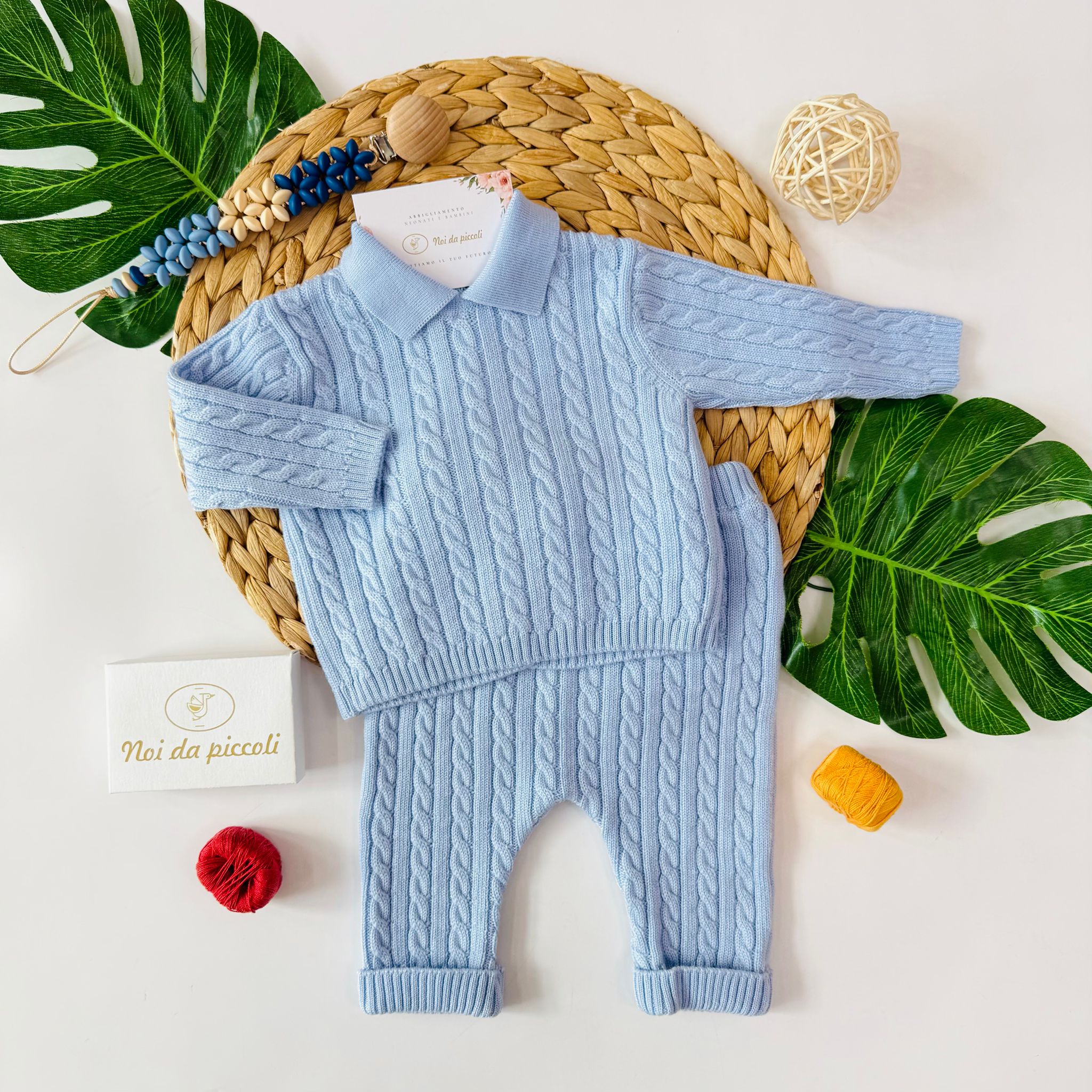 COMPLETO 2PZ INTRECCIO 100% LANA CELESTE - Noi da piccoli