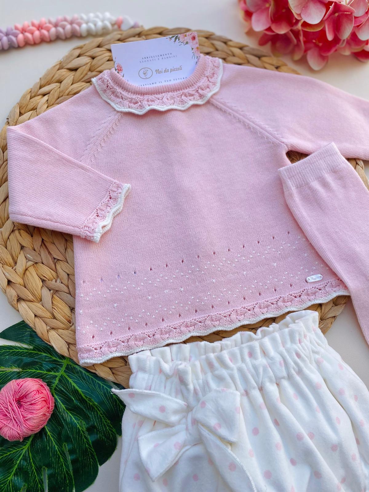 COMPLETO 3 PZ A POIS E RICAMINI DELICATI FILATO CALDO BIANCO ROSA - Noi da piccoli