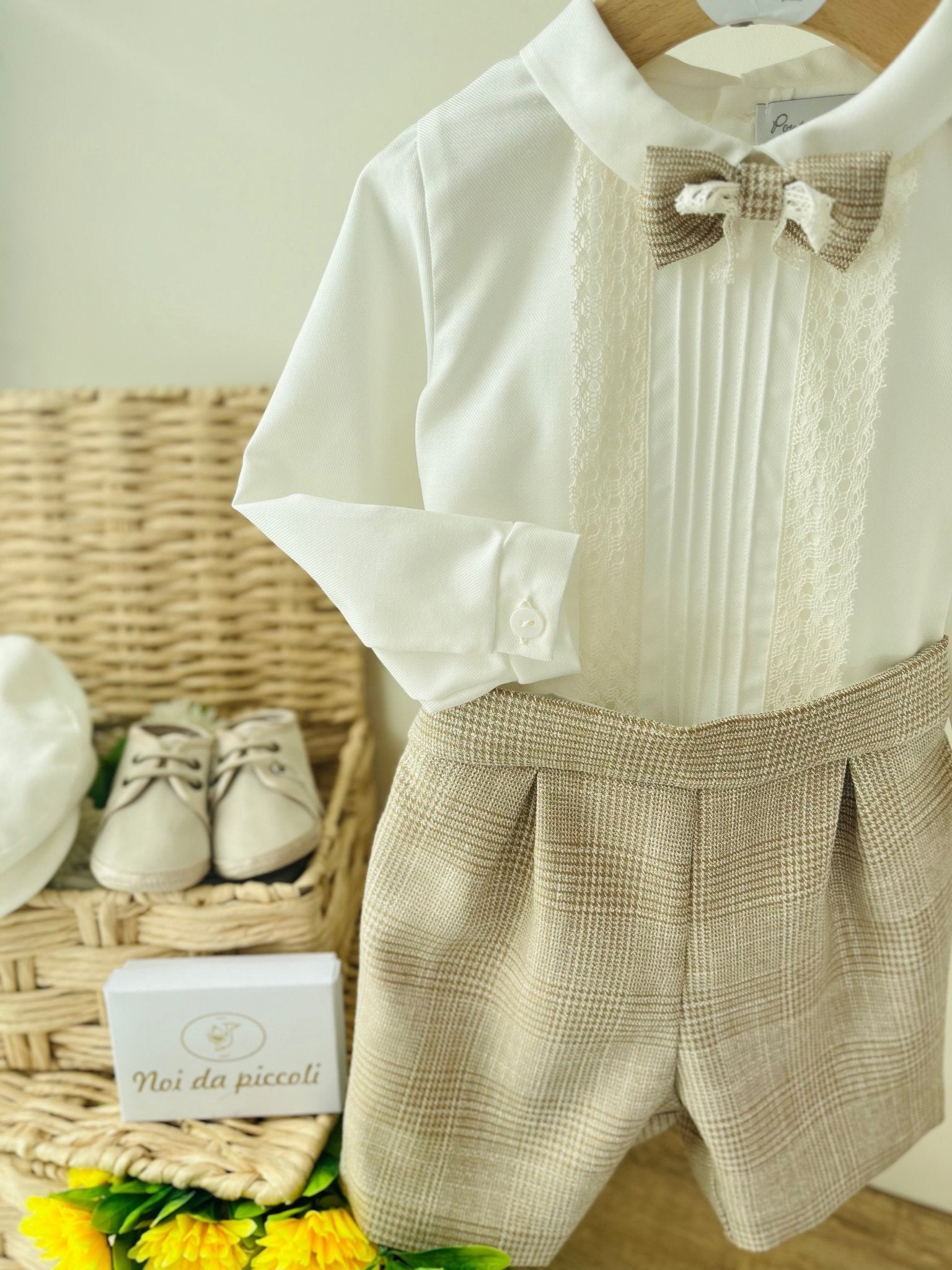 COMPLETO 3 PZ BEIGE E PIZZO QUADRETTI DELICATI - Noi da piccoli