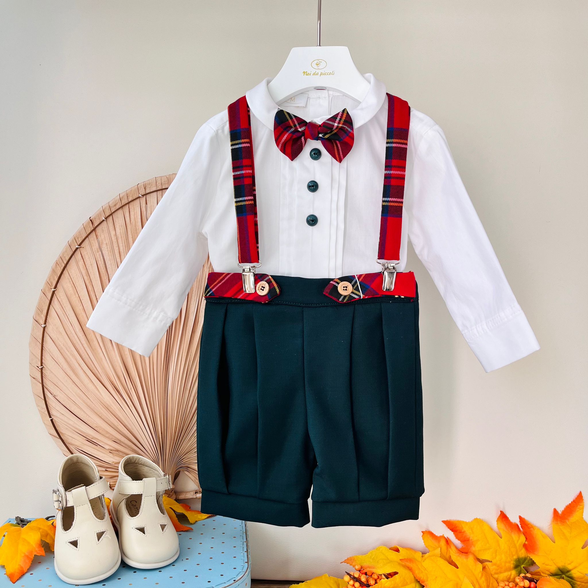 COMPLETO 3 PZ CERIMONIALE CON PAPILLON E BRETELLE IN TARTAN BIANCO VERDE - Noi da piccoli