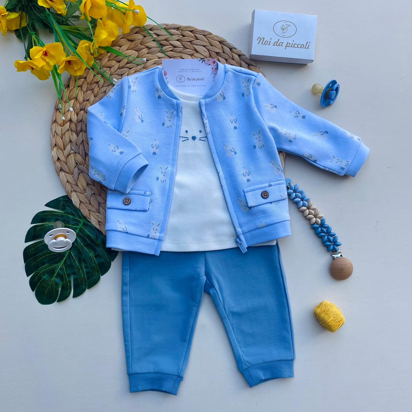 COMPLETO 3 PZ CON CONIGLIETTI CINIGLIA NUBE - CIELO - Noi da piccoli