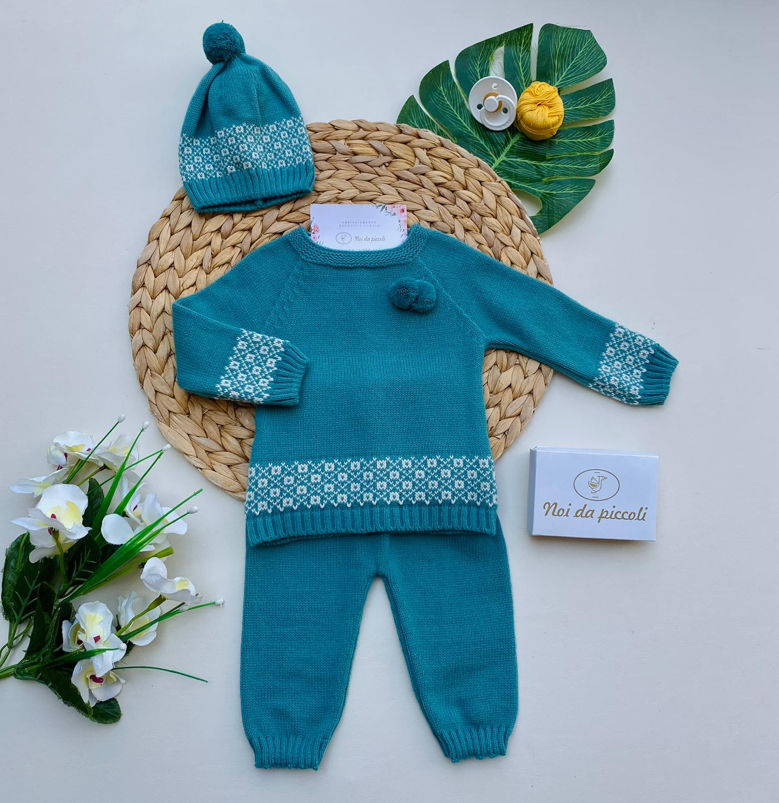 COMPLETO 3 PZ CON DISEGNINI 100% ACRILICO VERDE PETROLIO - Noi da piccoli