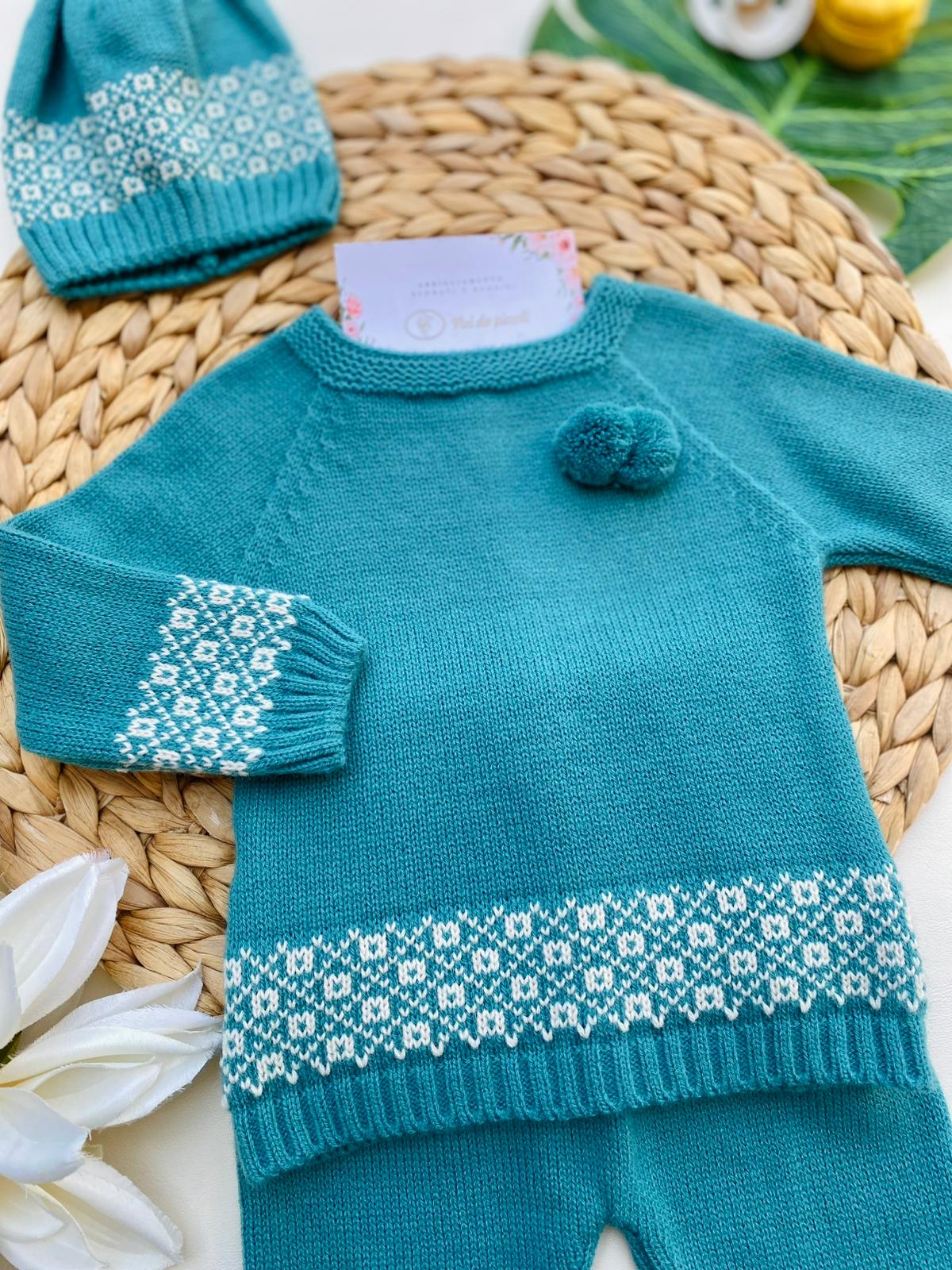 COMPLETO 3 PZ CON DISEGNINI 100% ACRILICO VERDE PETROLIO - Noi da piccoli