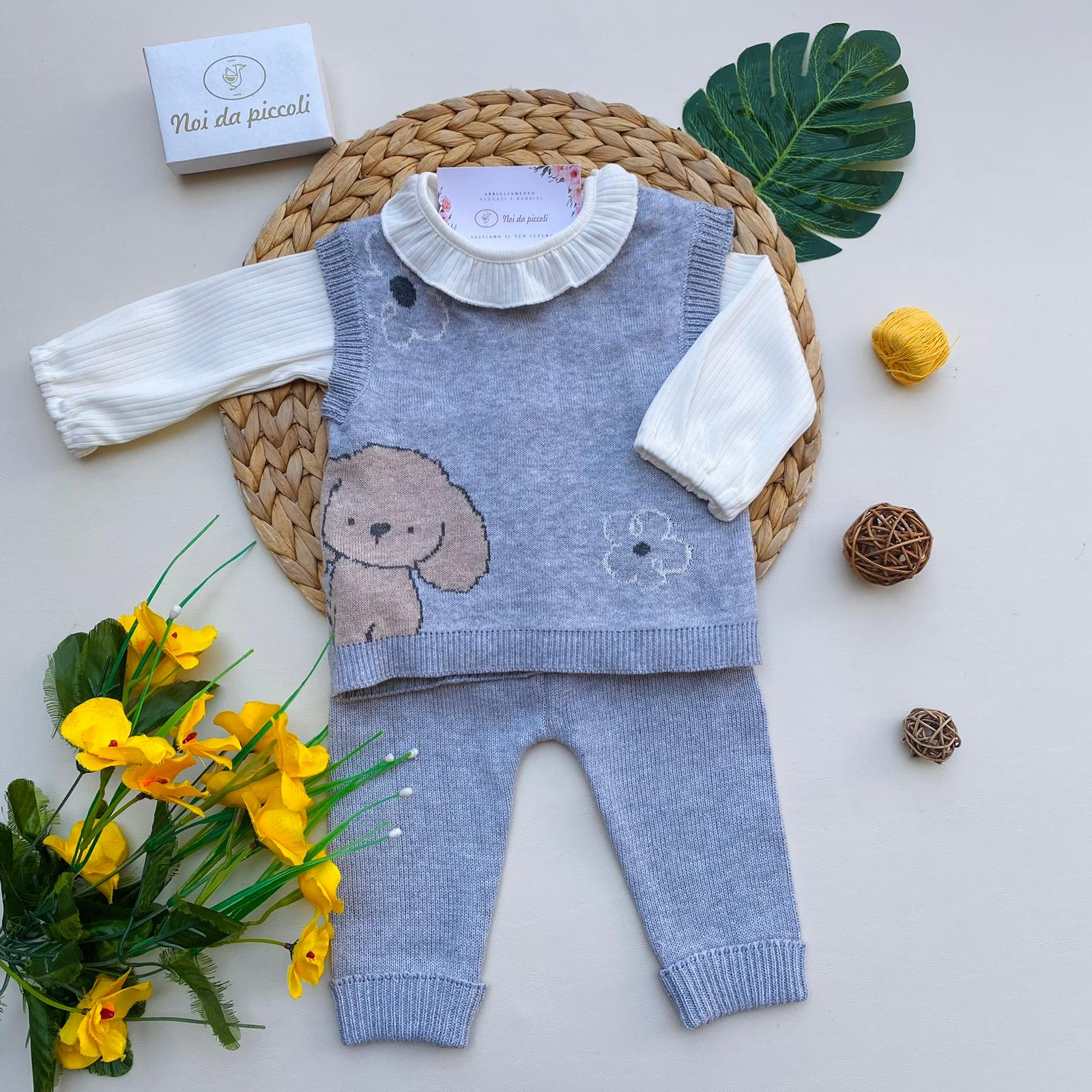 COMPLETO 3 PZ CON DISEGNINI FILATO CALDO GRIGIO GRIS - Noi da piccoli