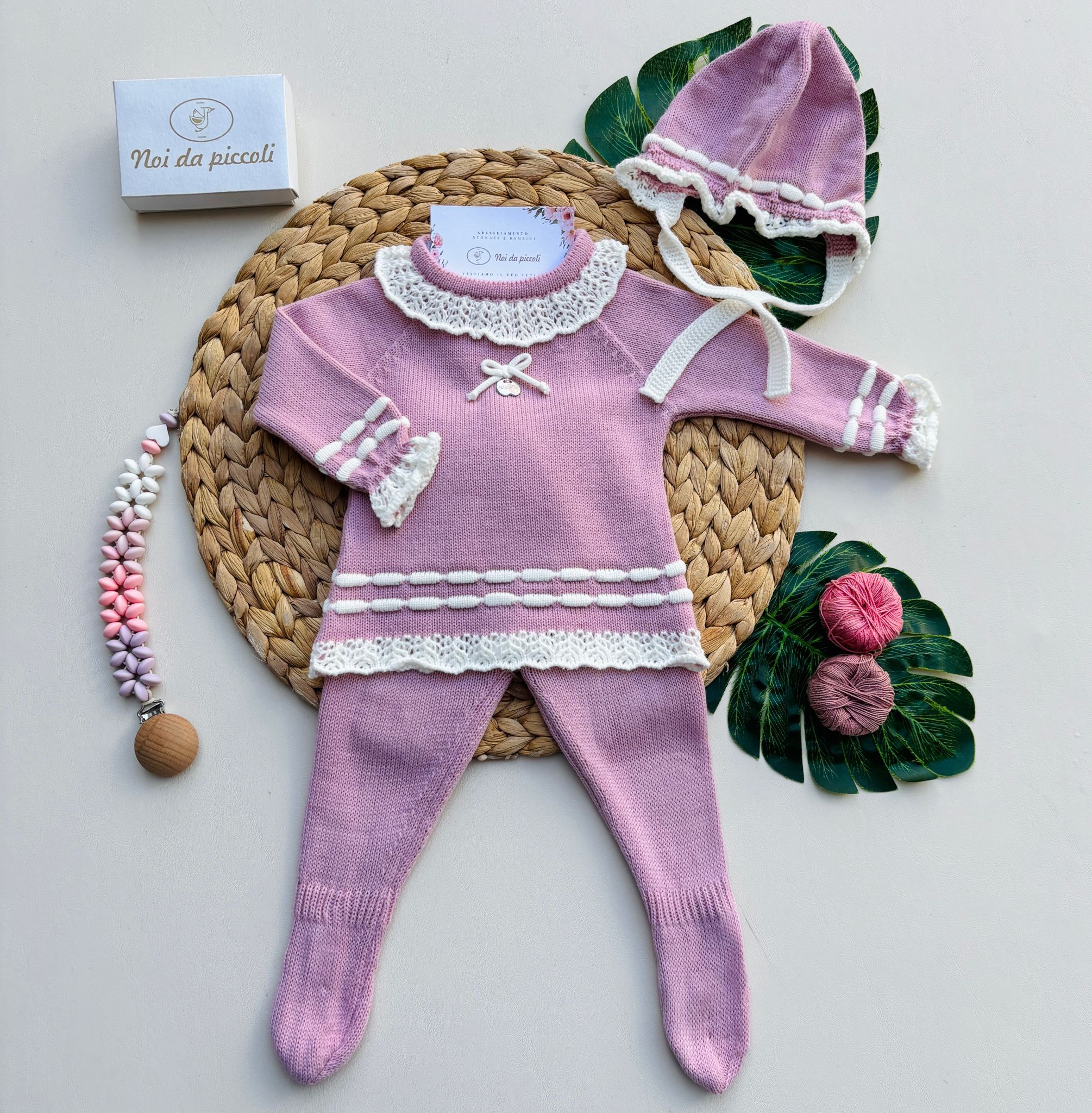 COMPLETO 3 PZ CON FIOCCHETTO 100% ACRILICO ROSA MAQUILLAJE - Noi da piccoli