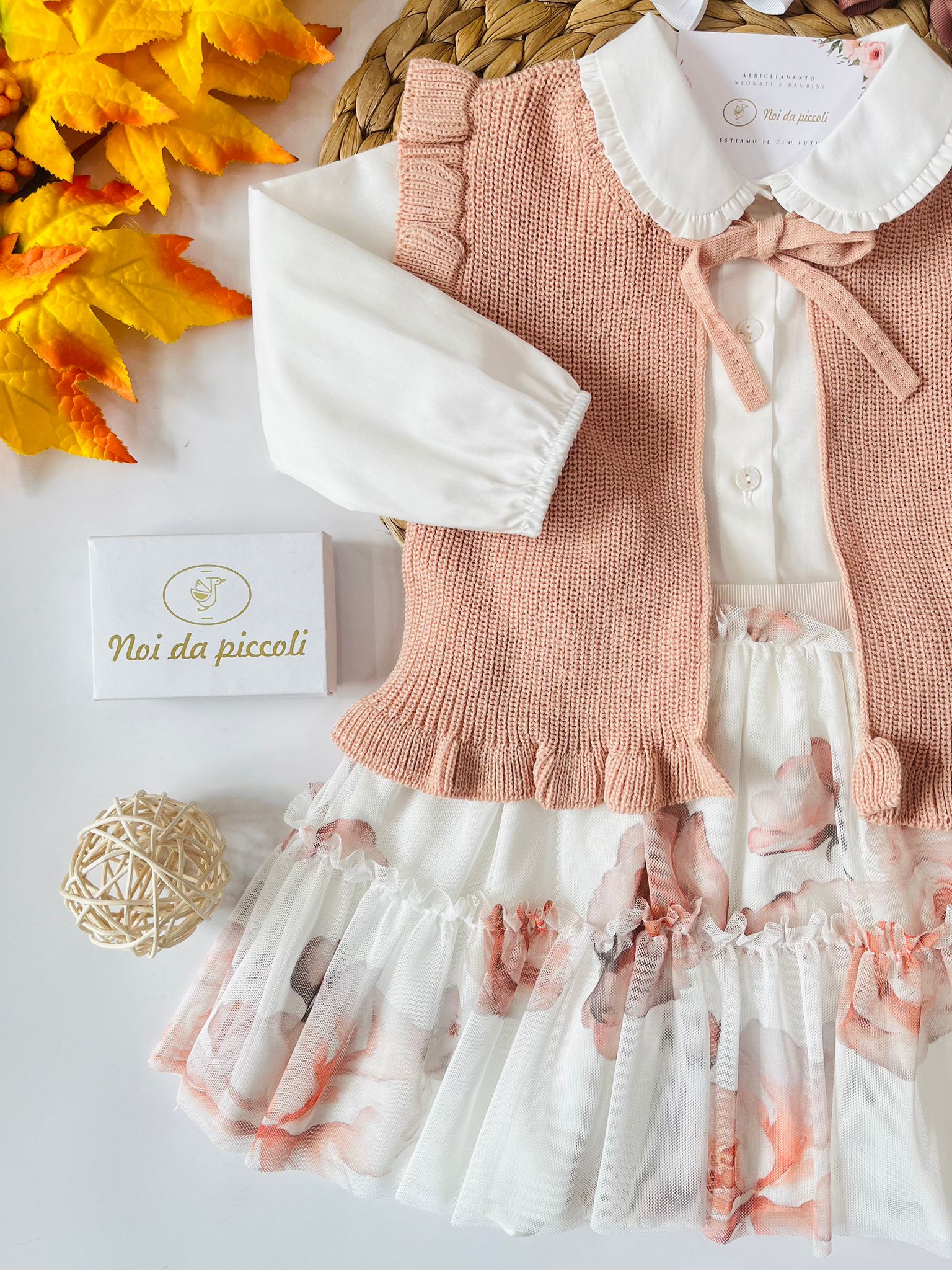 COMPLETO 3 PZ FIORI D'AUTUTNNO COTONE CALDO PANNA E PESCA - Noi da piccoli