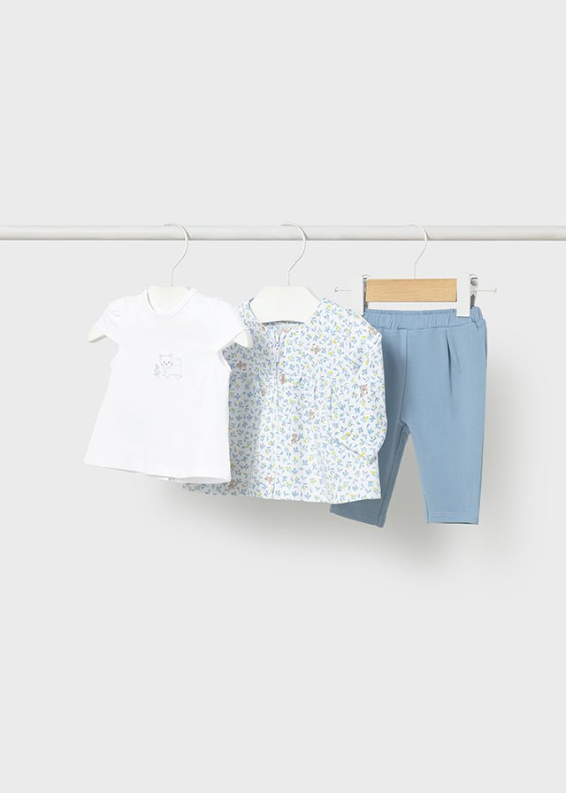 COMPLETO 3 PZ IN COTONE CON GATTINI E FOGLIOLINE CIELO - Noi da piccoli