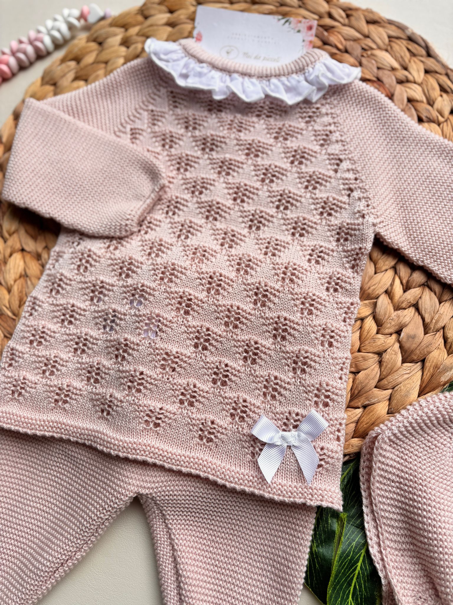 COMPLETO 3 PZ IN COTONE E ACRILICO CON COLLETTO BIANCO ROSA - Noi da piccoli