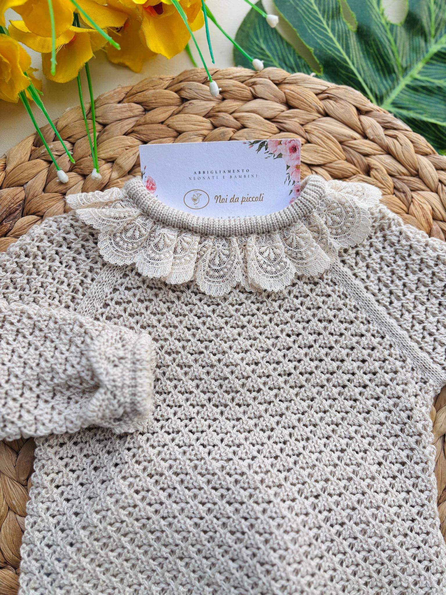 COMPLETO 3 PZ IN COTONE E ACRILICO CON COLLETTO RICAMATO CREMA - Noi da piccoli