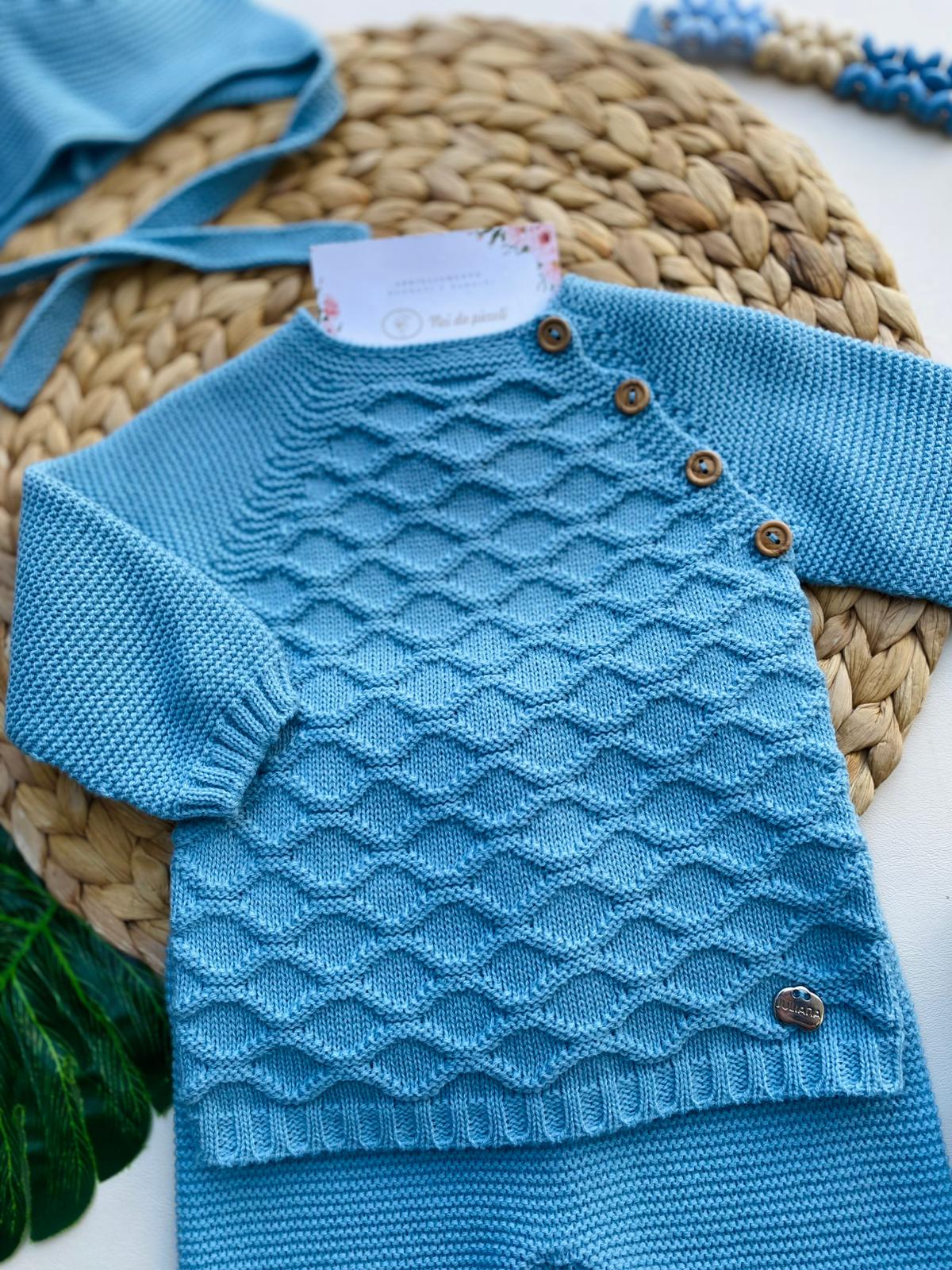 COMPLETO 3 PZ IN FILATO CALDO 100% ACRILICO AZUL BEIGE - Noi da piccoli