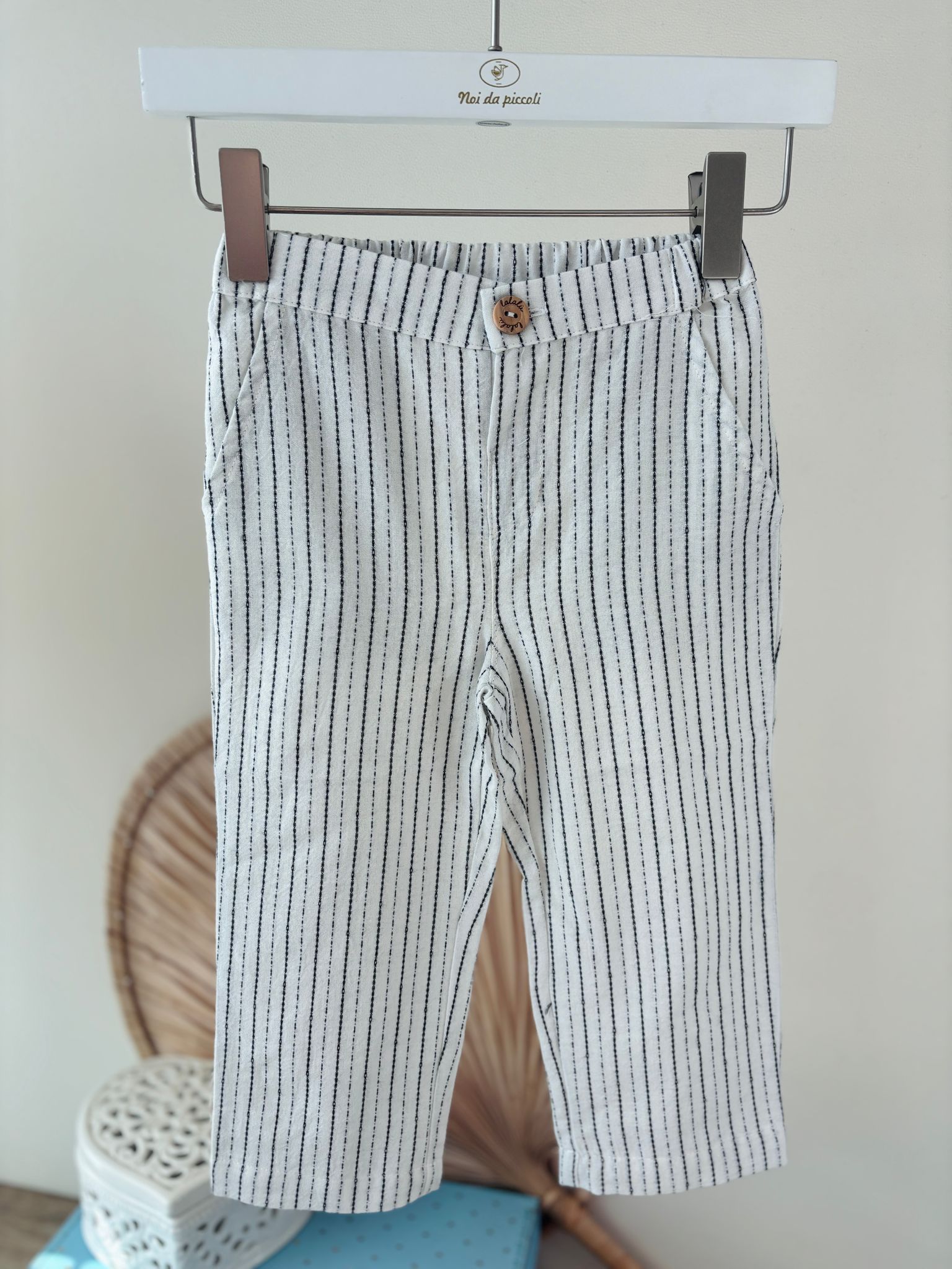 COMPLETO 3 PZ IN LINO A RIGHE PANNA - Noi da piccoli