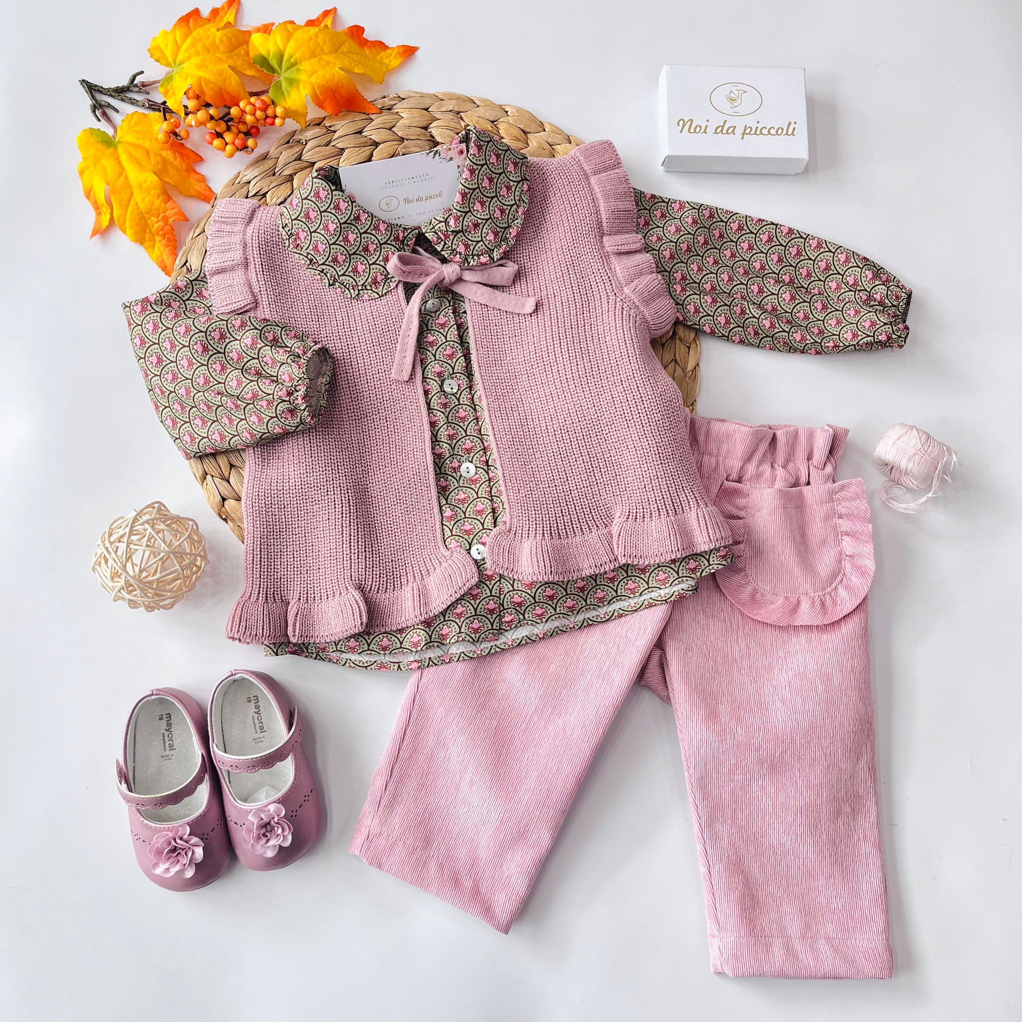 COMPLETO 3 PZ SCALLOP FLORALE COTONE CALDO VERDE E MALVA - Noi da piccoli