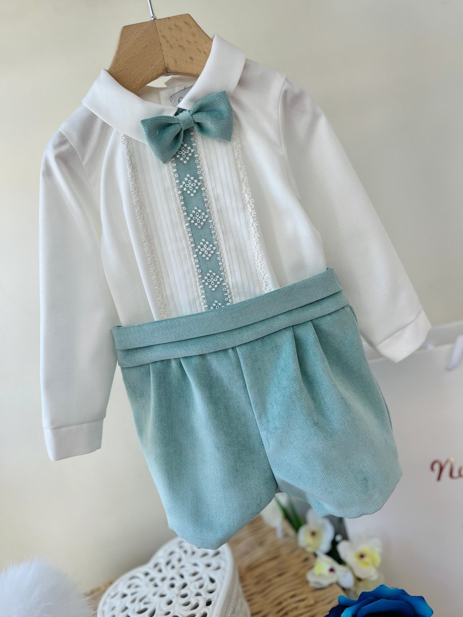 COMPLETO 3 PZ VERDE ACQUA E PIZZO VELLUTINO - Noi da piccoli