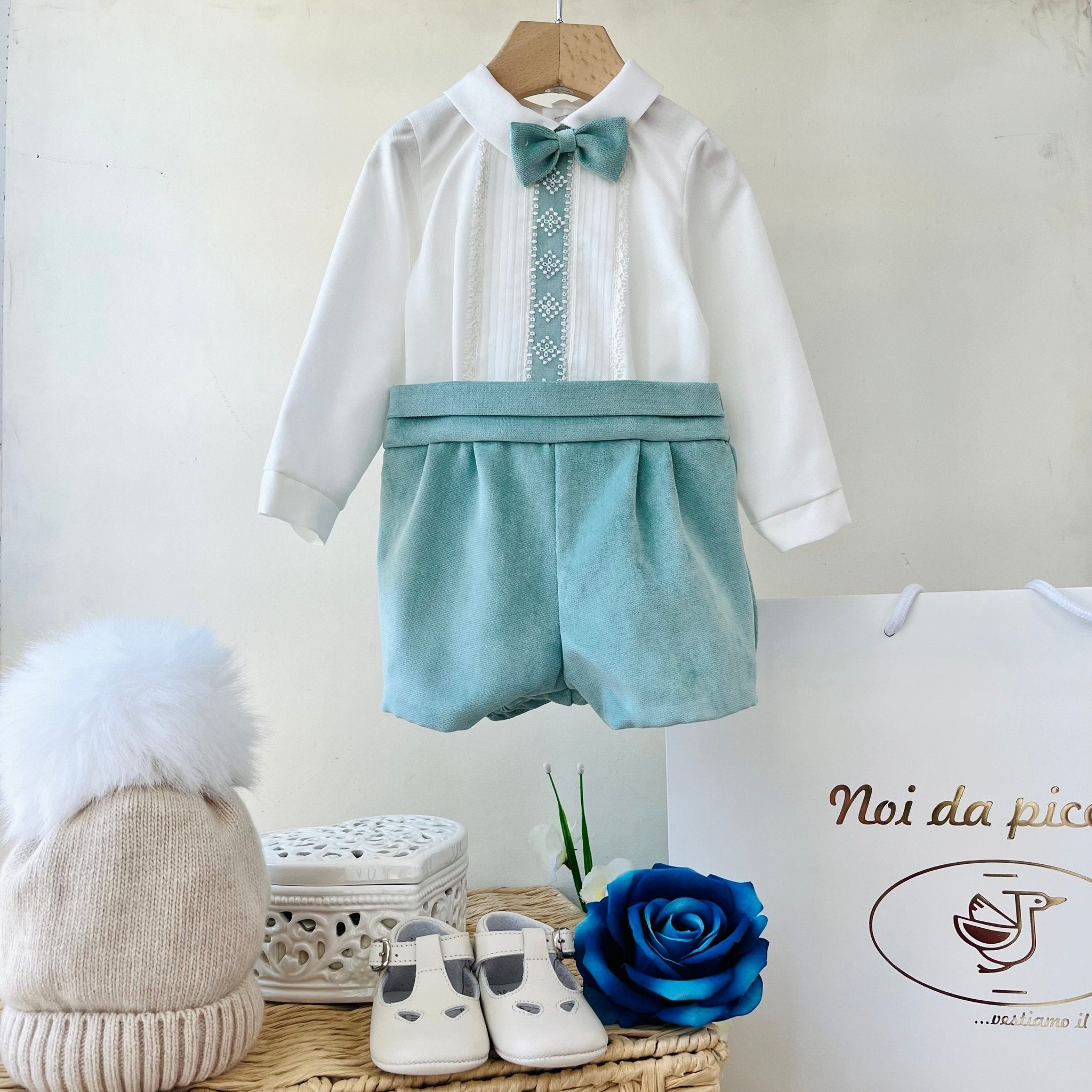 COMPLETO 3 PZ VERDE ACQUA E PIZZO VELLUTINO - Noi da piccoli