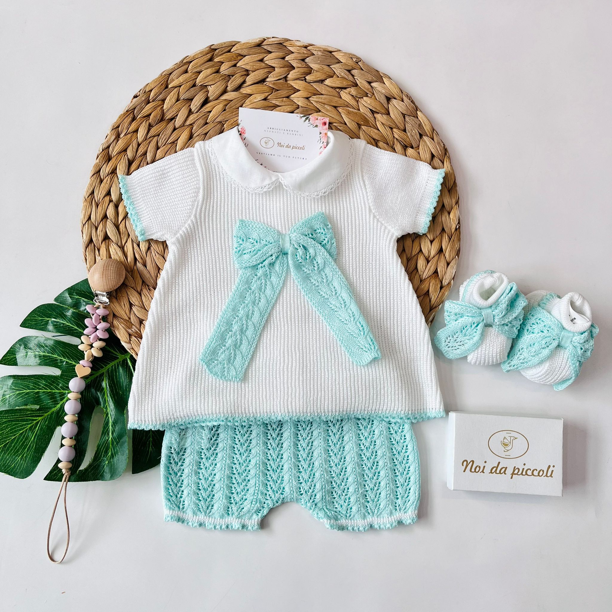 COMPLETO CON BABBUCCE 100% FILO DI COTONE ACQUA MARINA - Noi da piccoli