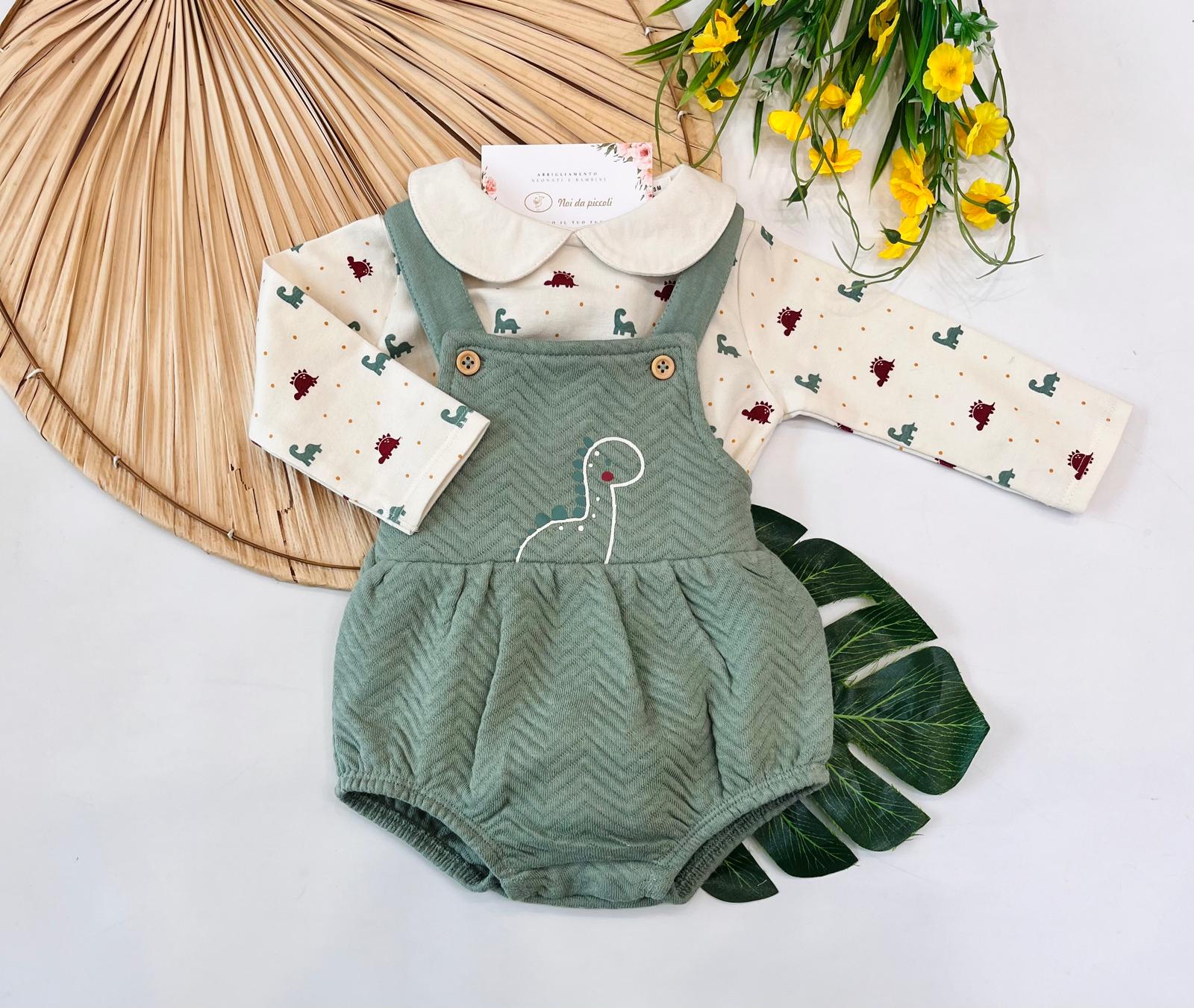 COMPLETO IN COTONE CALDO VERDE SALVIA CON DINOSAURI - Noi da piccoli