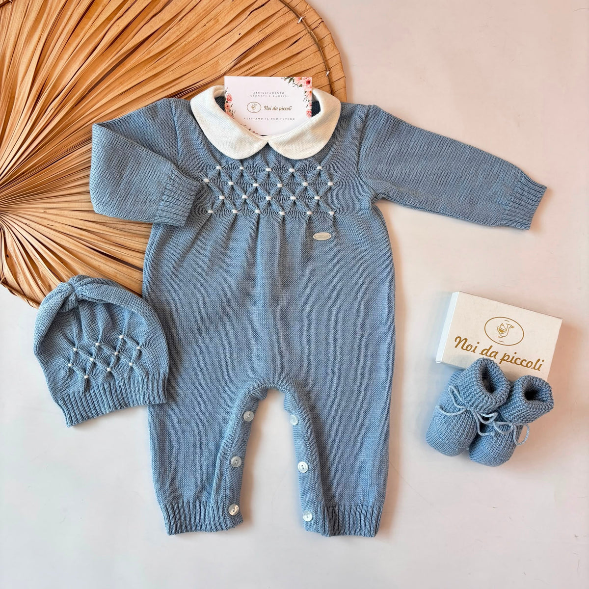 COORDINATO NASCITA lana con punto smock CIELO - Noi da piccoli