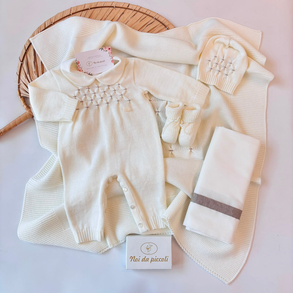 COORDINATO NASCITA lana con punto smock PANNA - Noi da piccoli