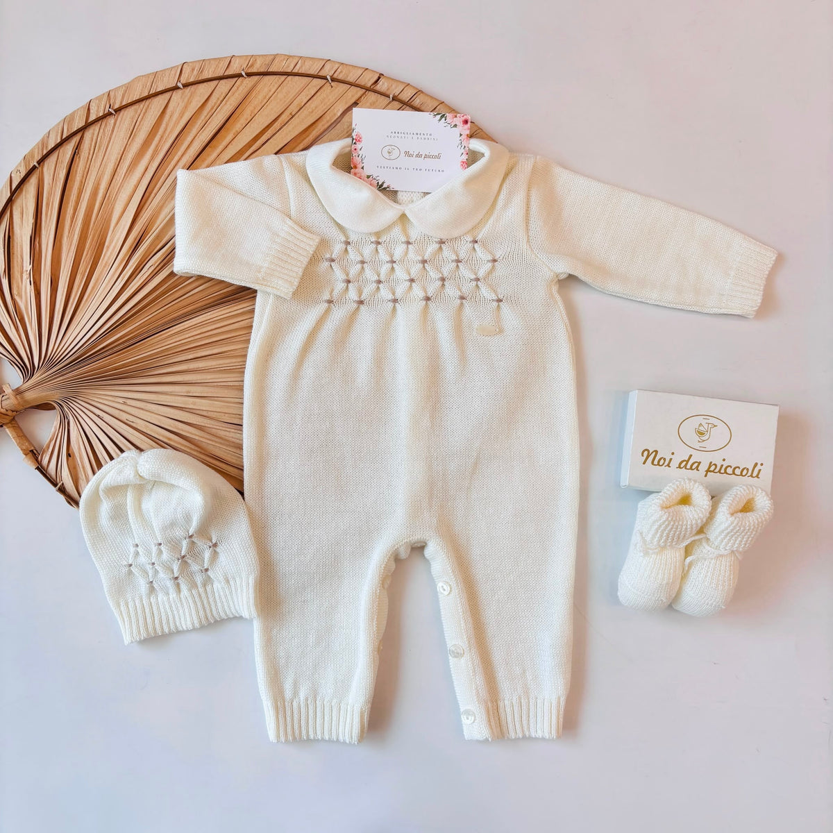 COORDINATO NASCITA lana con punto smock PANNA - Noi da piccoli