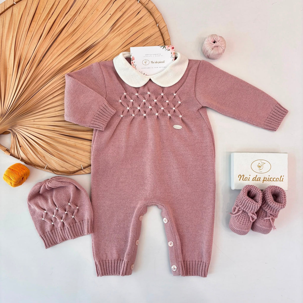 COORDINATO NASCITA lana con punto smock ROSA - Noi da piccoli