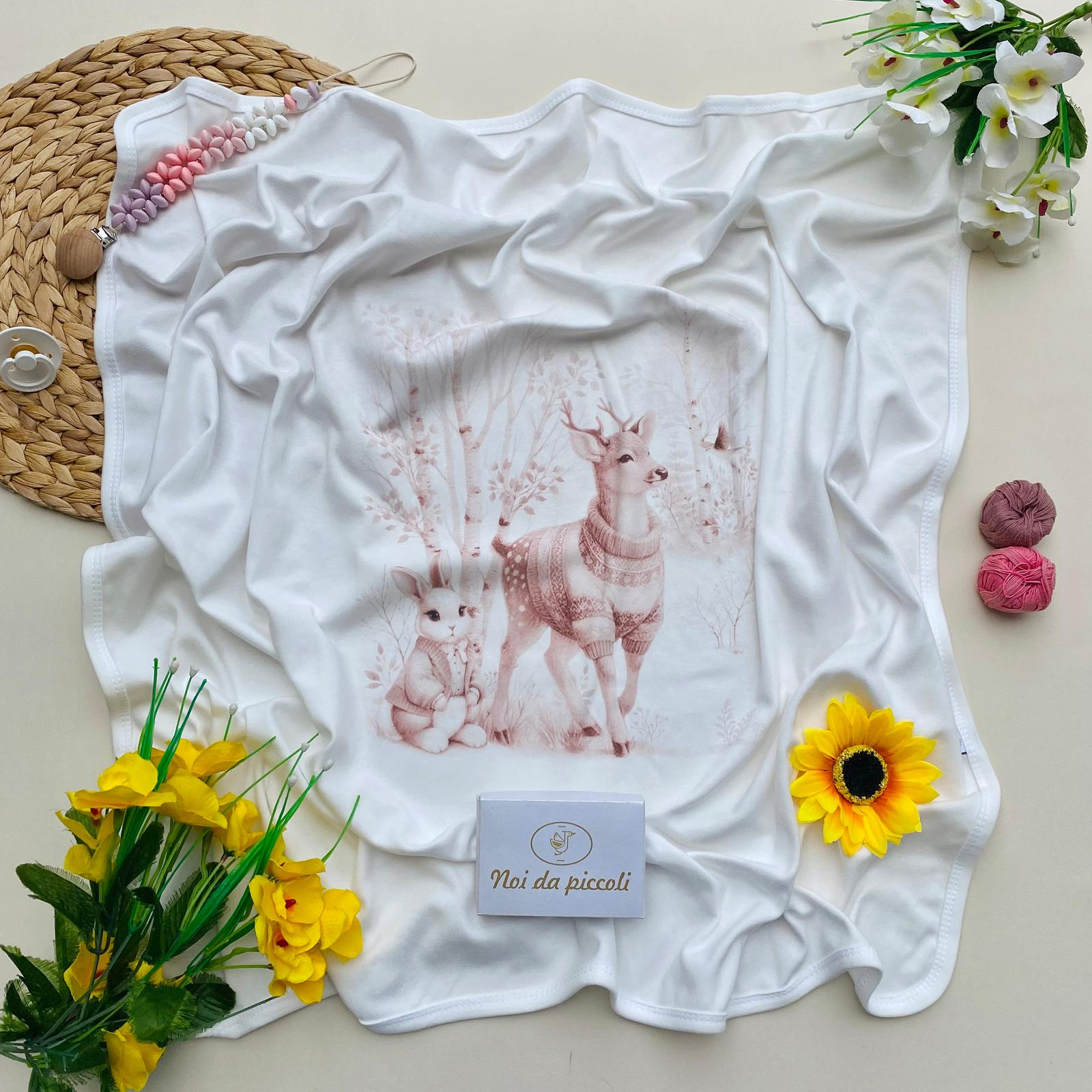 COPERTINA BIANCA E ROSA CON CONIGLIETTO E CERVO ROSA - Noi da piccoli