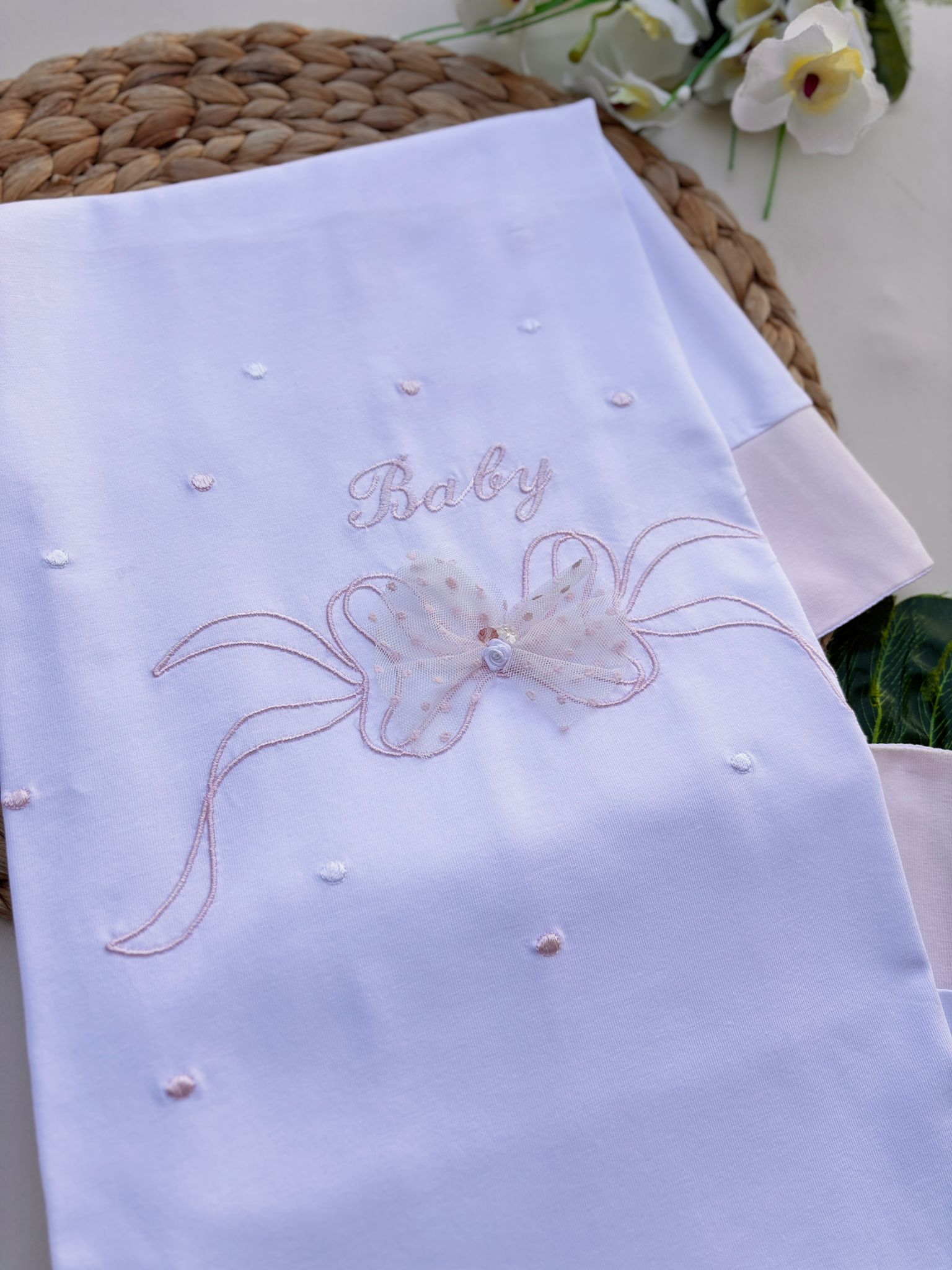 COPERTINA IN COTONE BICOLOR CON FIOCCHETTO BIANCO ROSA - Noi da piccoli