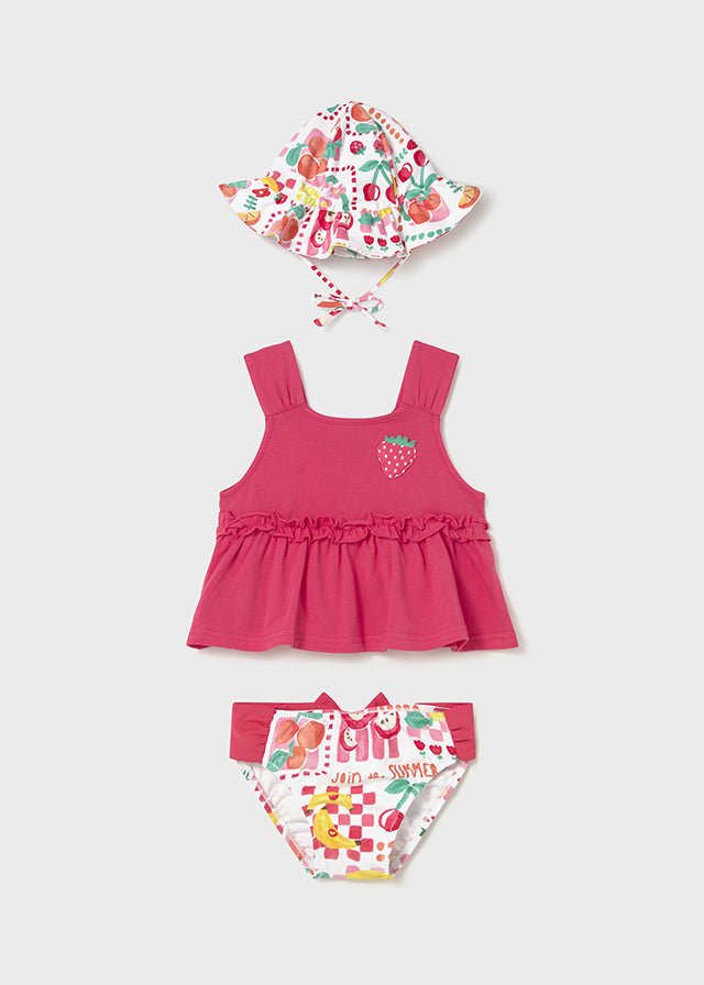 COSTUMINO 2 PZ CON FIORELLINI E CAPPELLINO FUCSIA - Noi da piccoli