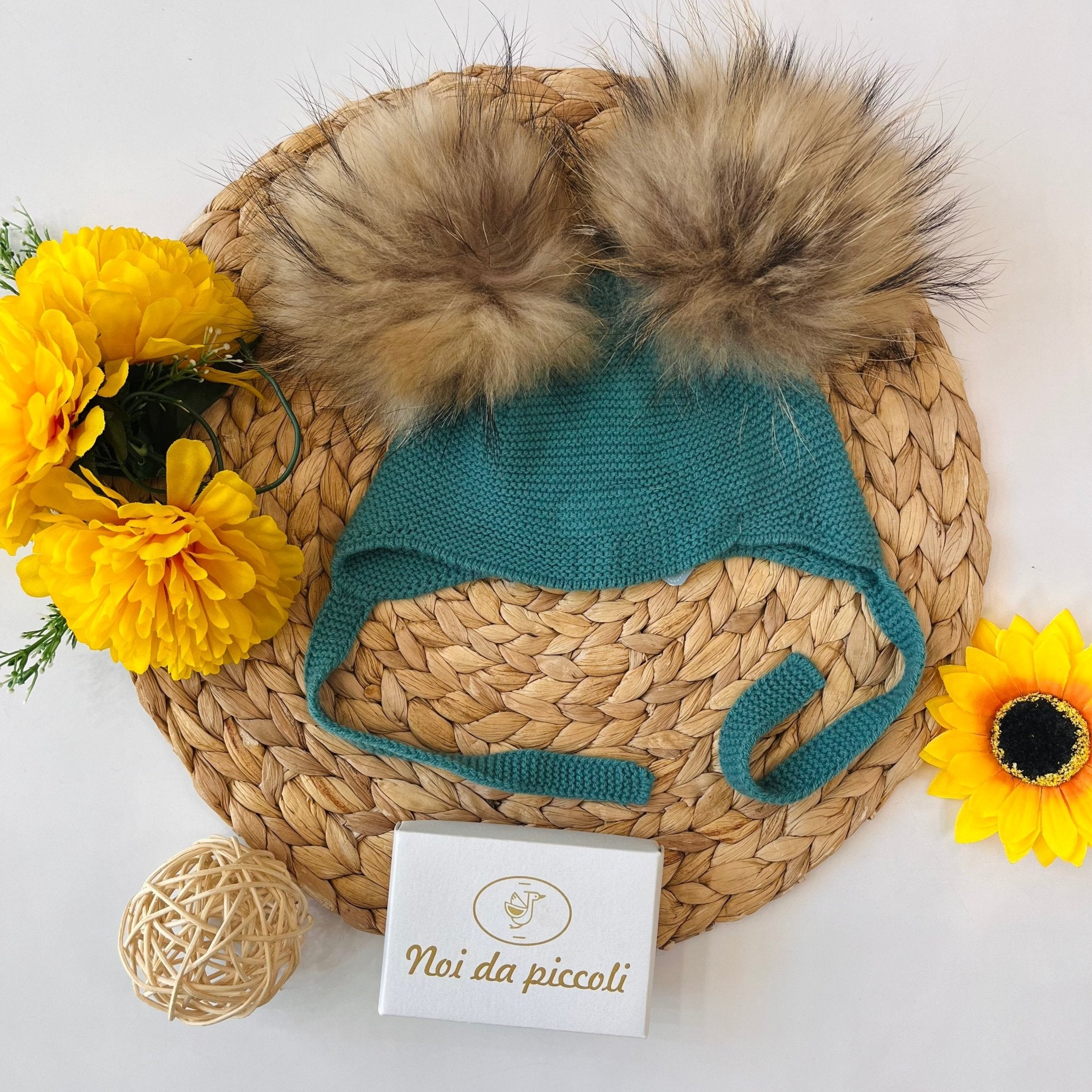 CUFFIETTA CON 2 PON POM ECOLOGICO PETROLIO - Noi da piccoli