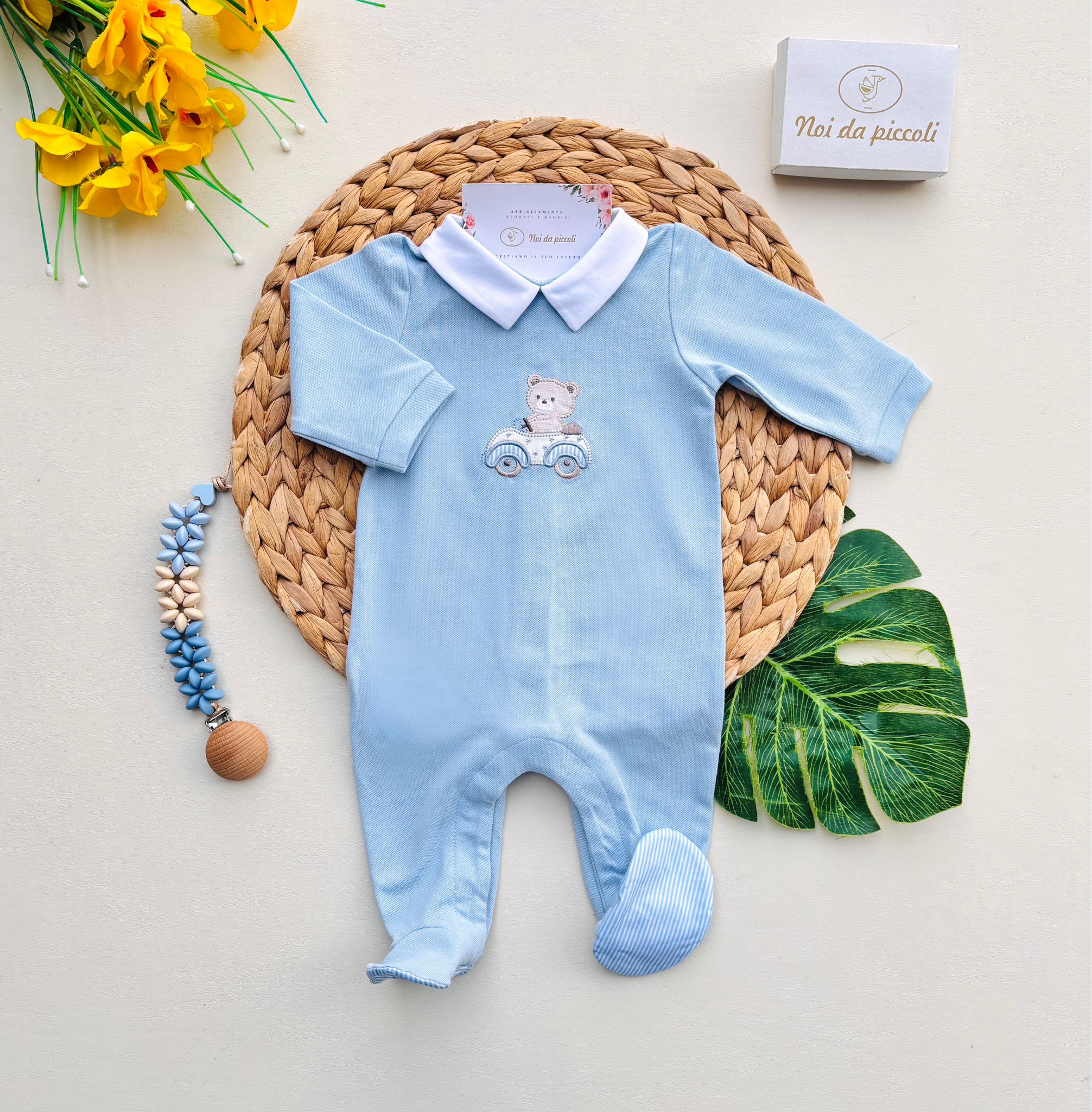 TUTINA IN COTONE CON COLLETTO BIANCO E ORSETTO BEIGE CIELO