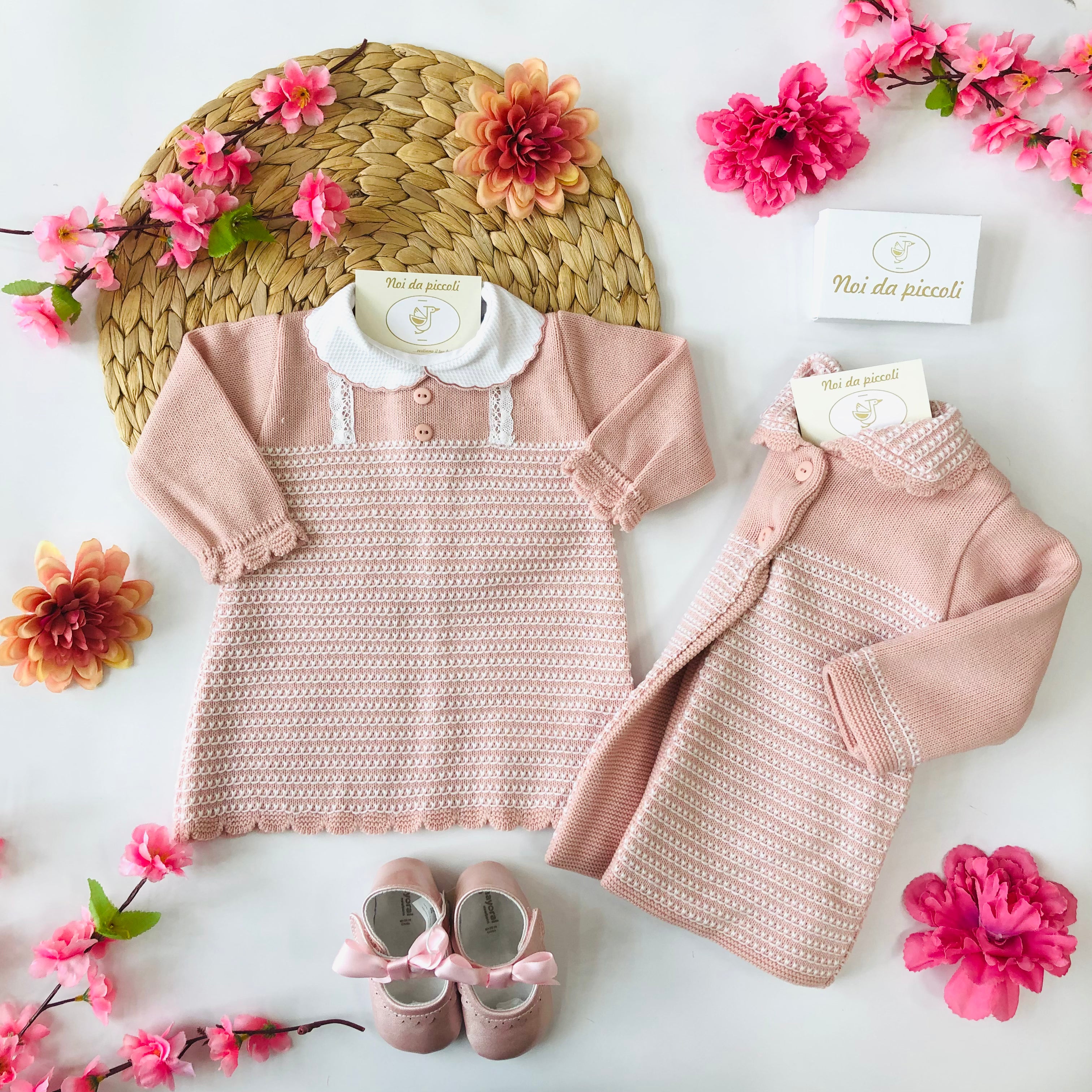 COAT WITH PINK KNIT DRESS AND WHITE DETAILS