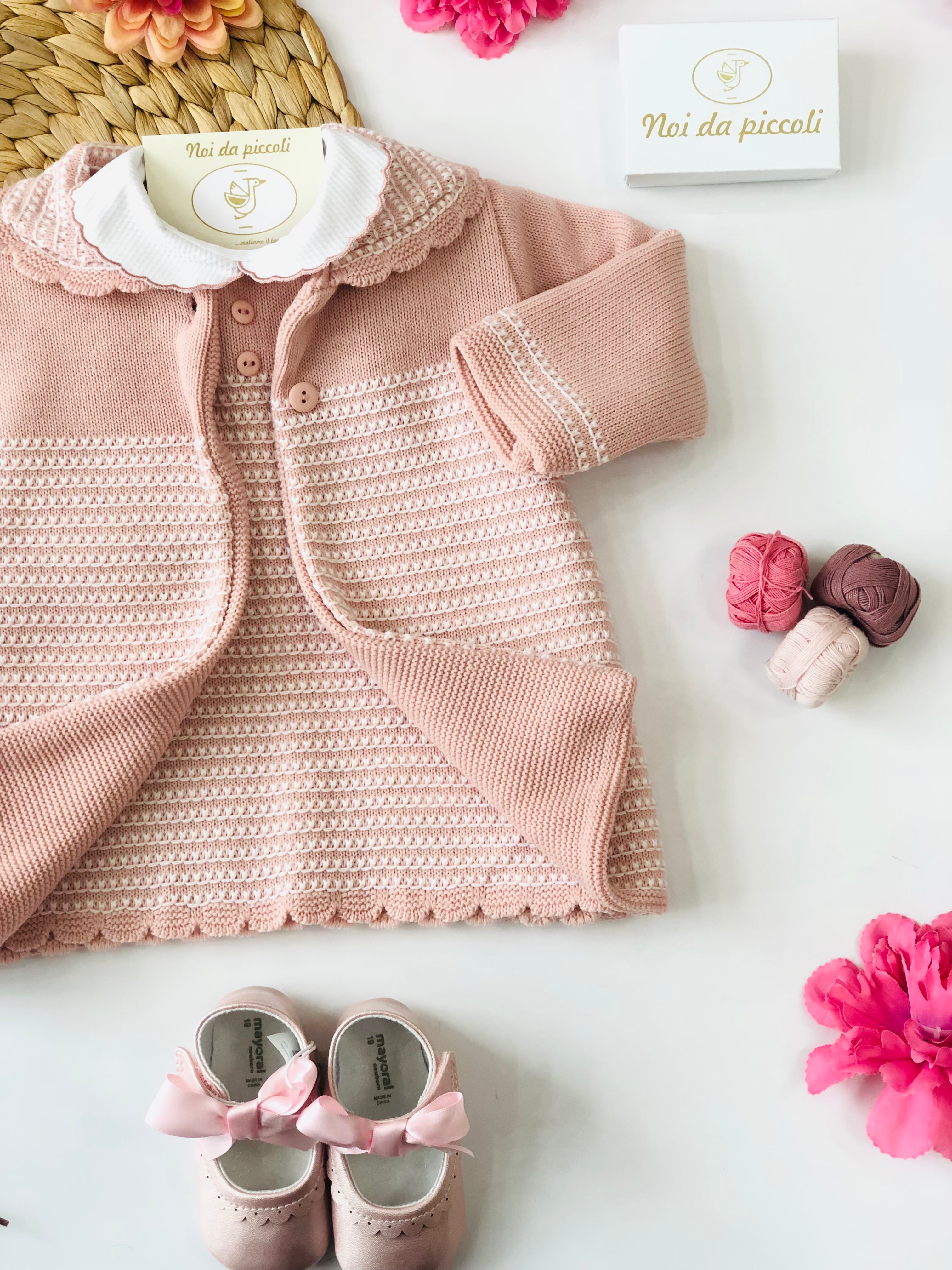 COAT WITH PINK KNIT DRESS AND WHITE DETAILS