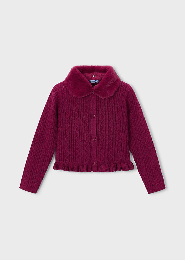 CARDIGAN IN FILATO CALDO LAMPONE CON BORDO A VOLANT