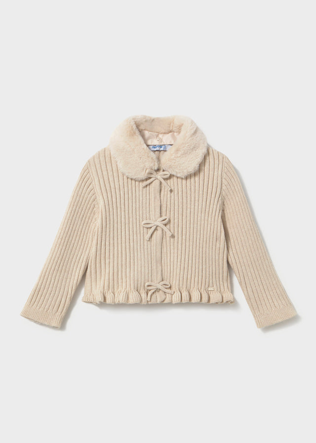 CARDIGAN IN FILATO CALDO BEIGE CON GRAZIOSI FIOCCHETTI