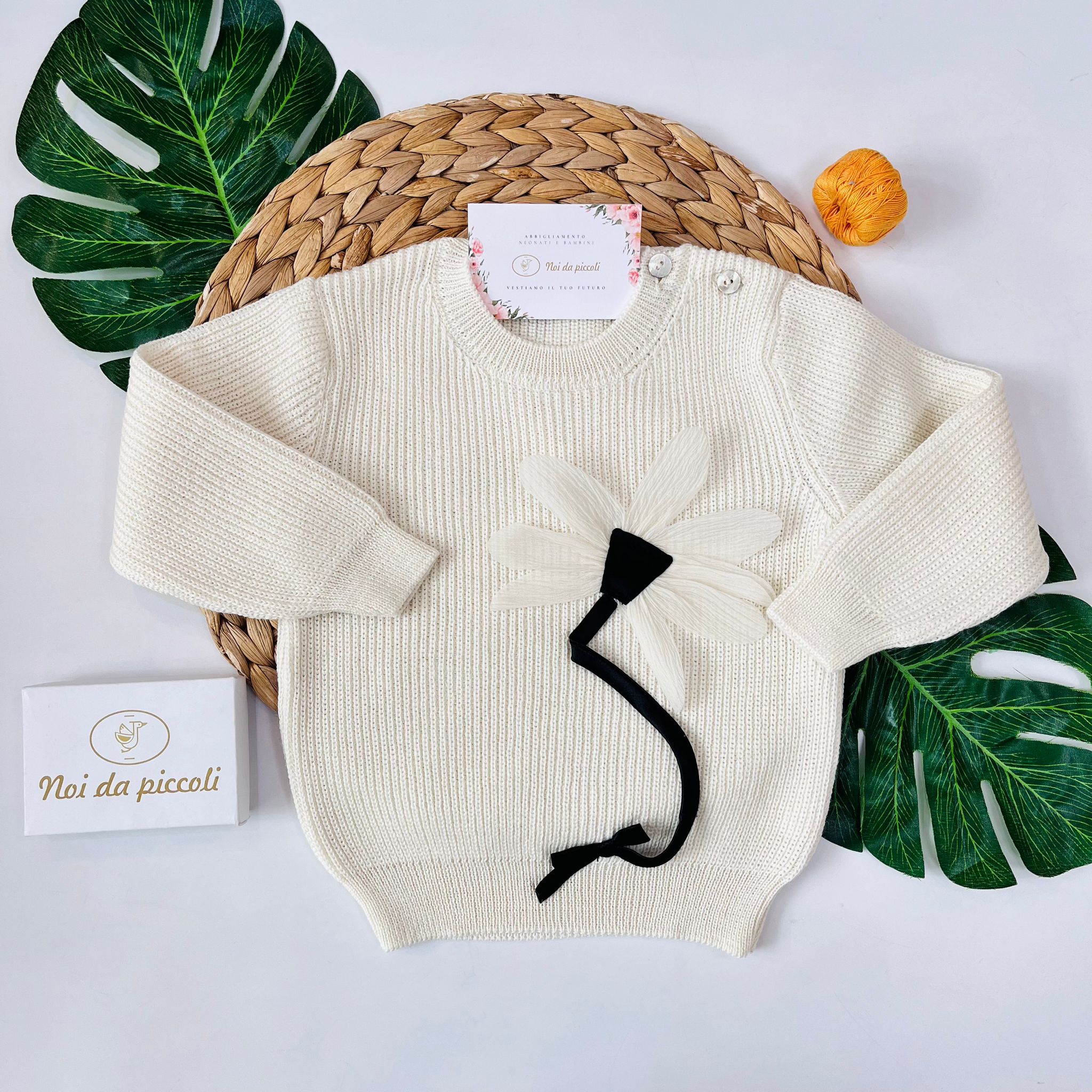 MAGLIONCINO GIRO COLLO LANA IN VERGINE FLOWER PANNA - Noi da piccoli