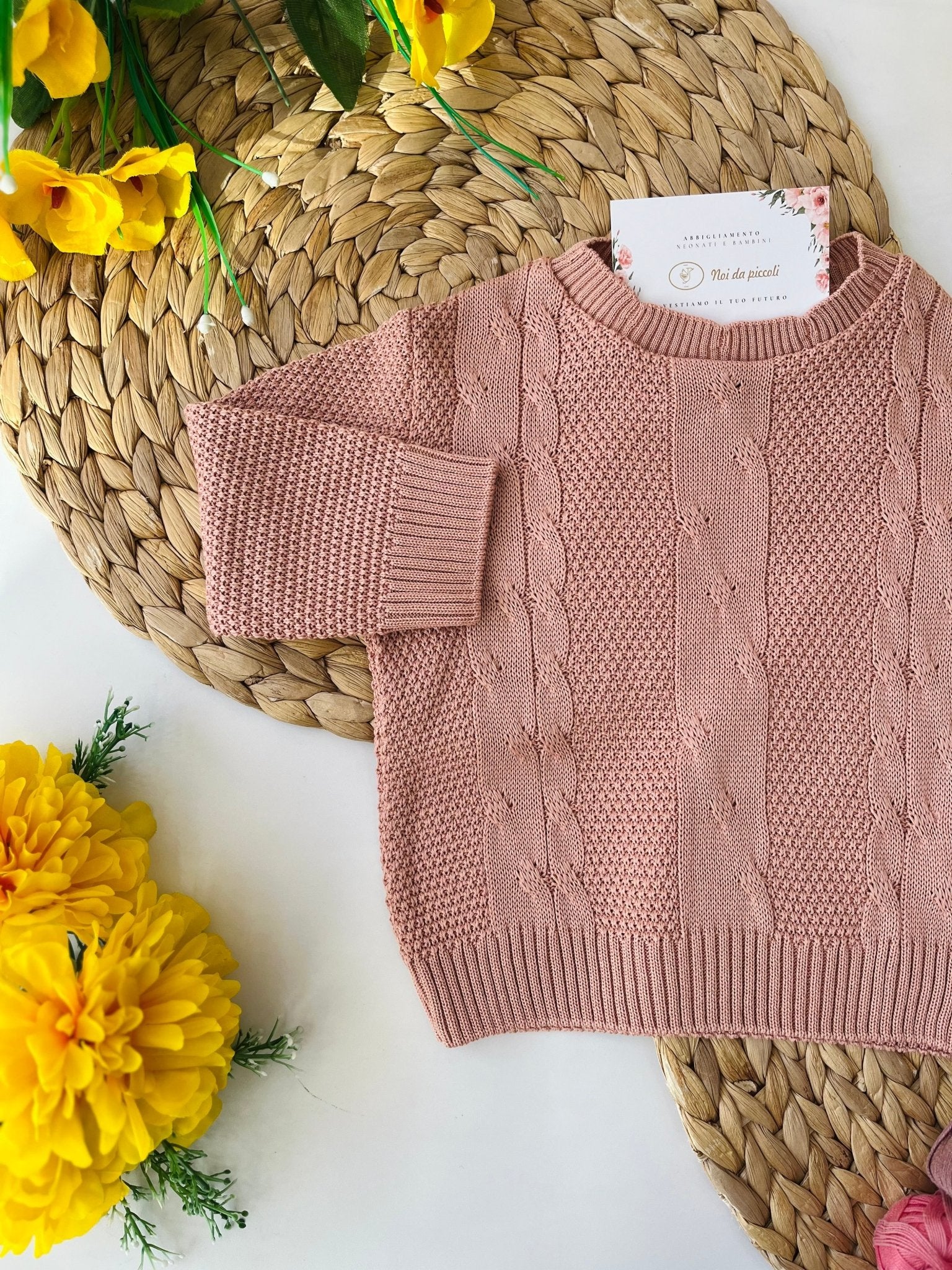 MAGLIONCINO GIROCOLLO MISTO LANA TRECCE ROSA ANTICO - Noi da piccoli