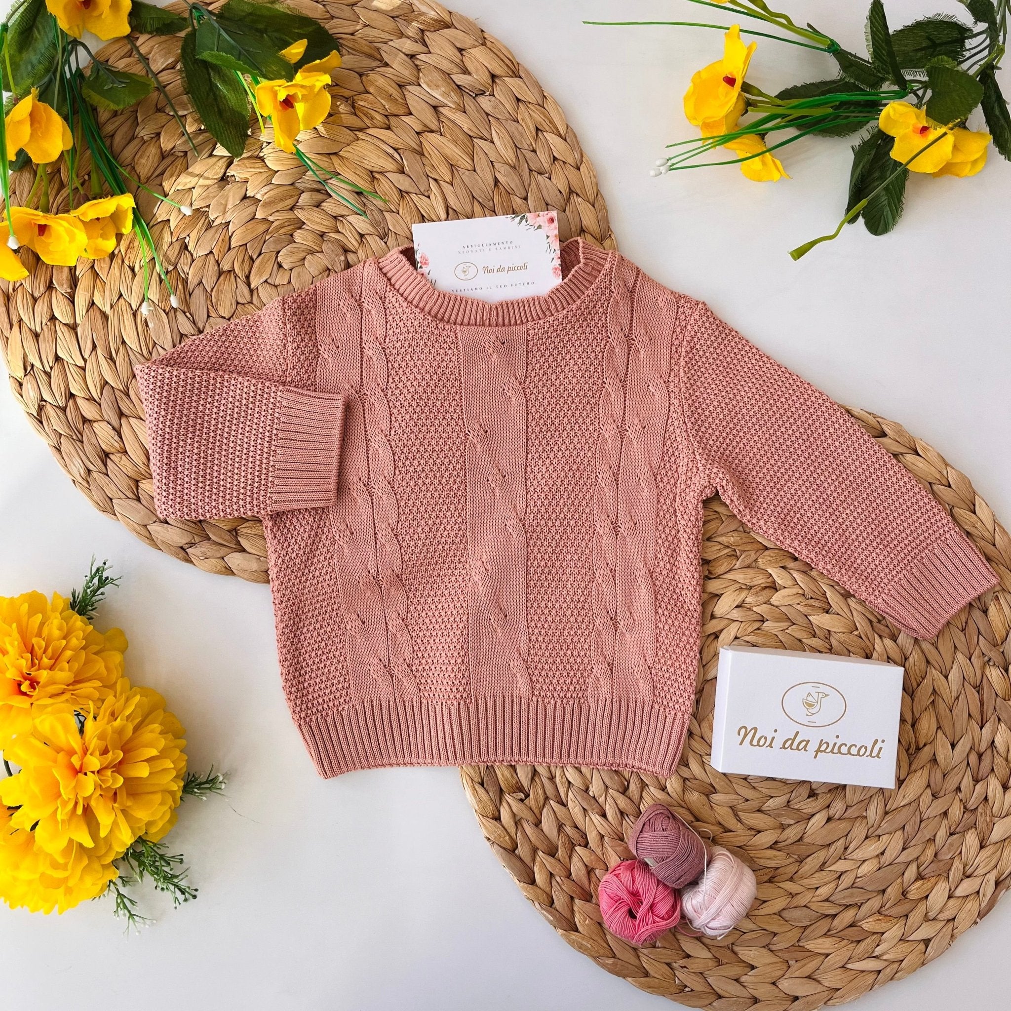 MAGLIONCINO GIROCOLLO MISTO LANA TRECCE ROSA ANTICO - Noi da piccoli