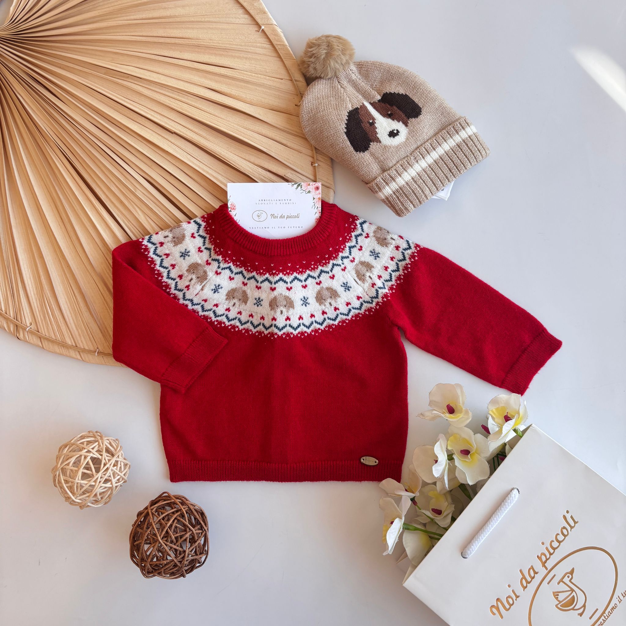 MAGLIONCINO IN FILATO CALDO CON CAGNOLINI ROSSO - Noi da piccoli