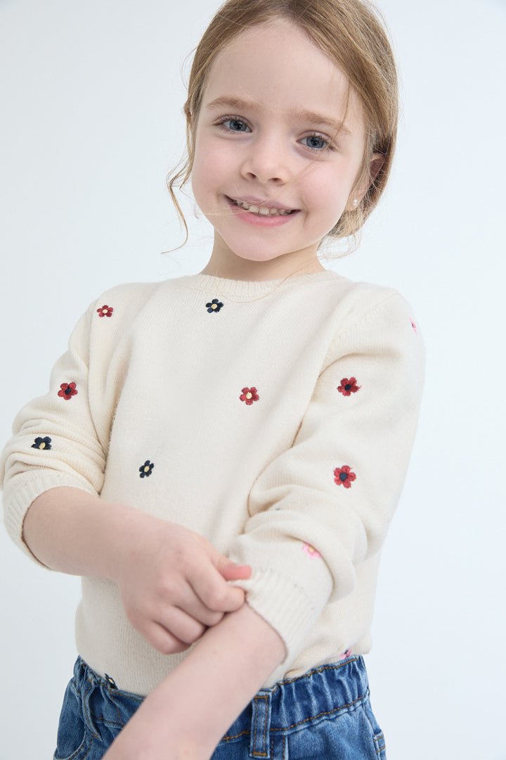 MAGLIONE IN FILATO CALDO CON FIORELLINI PANNA - Noi da piccoli