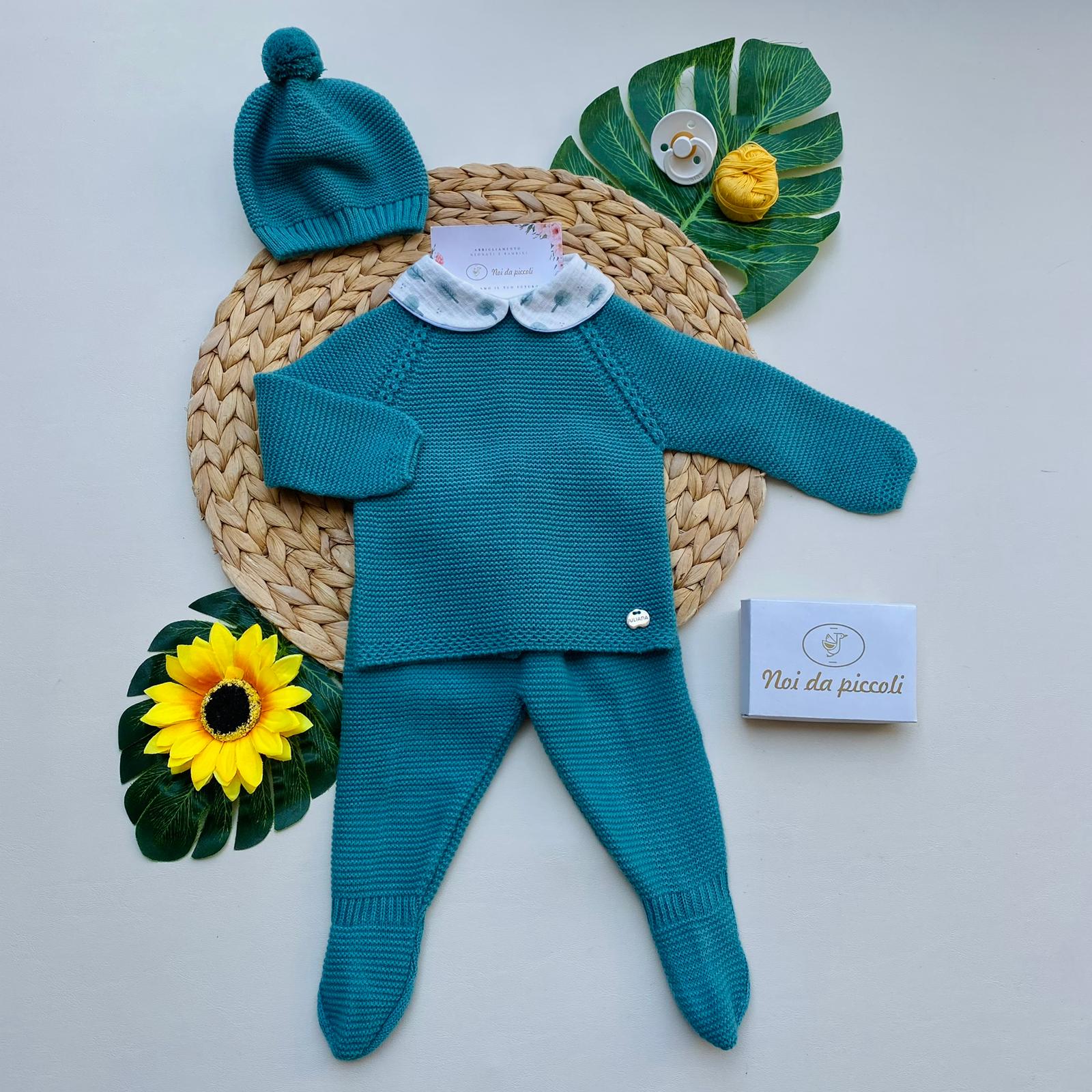 3-PIECE SET WITH WHITE COLLAR 100% ACRYLIC PETROL GREEN