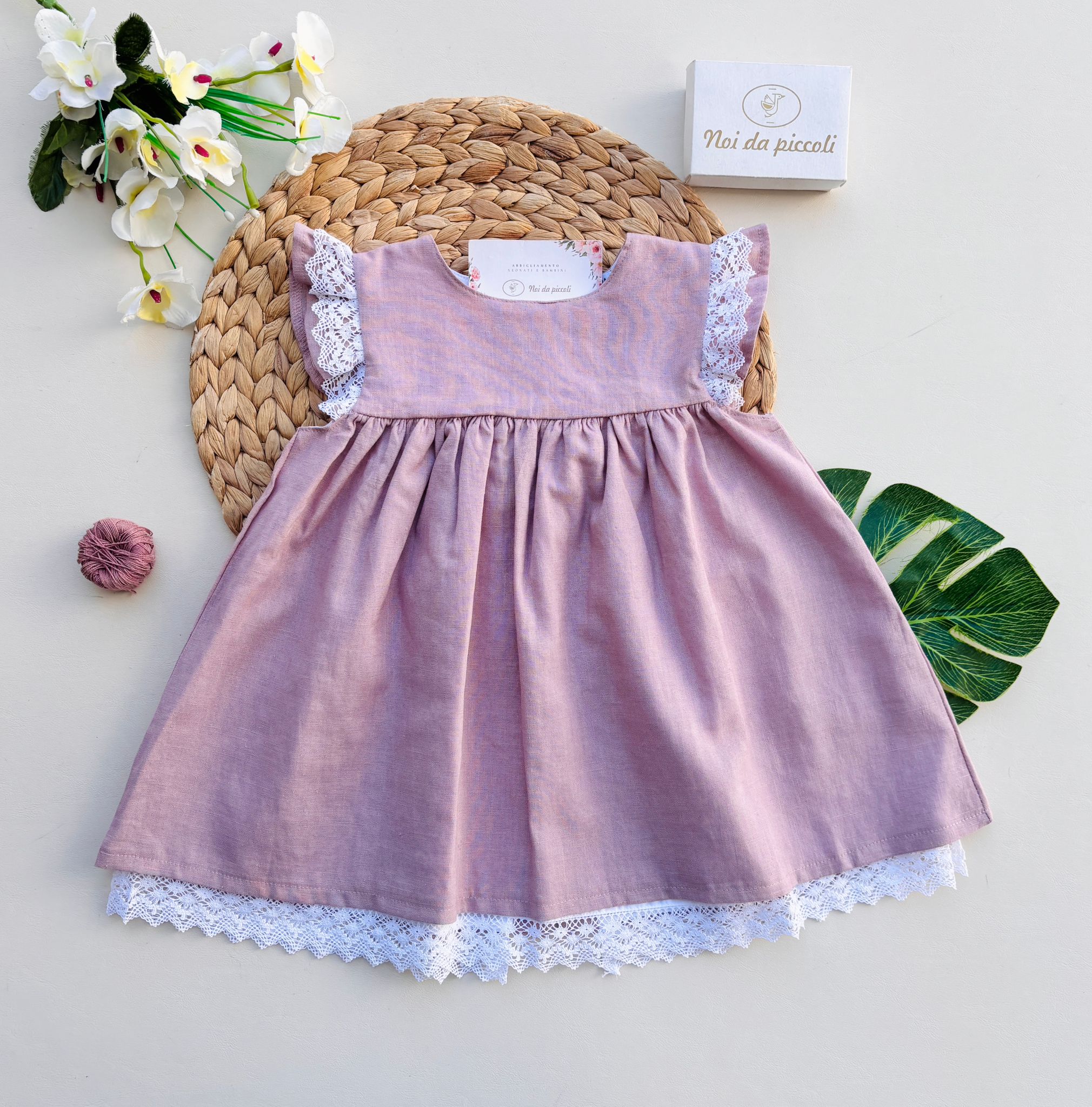 VESTINA IN COTONE CON RICAMI ROSA