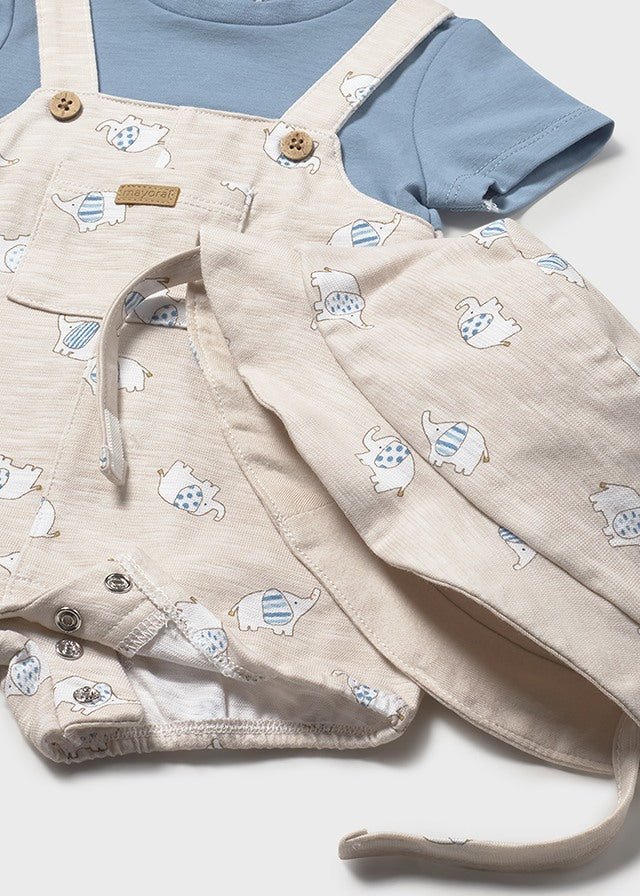 PAGLIACCETTO A FINTA SALOPETTE CON ELEFANTINI E CAPPELLINO ABBINATO CIELO BEIGE - Noi da piccoli