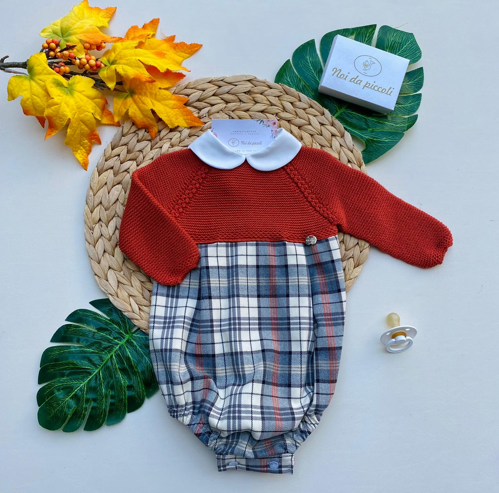 PAGLIACCETTO A QUADRONI CON COLLETTO BIANCO FILATO CALDO RUGGINE - Noi da piccoli